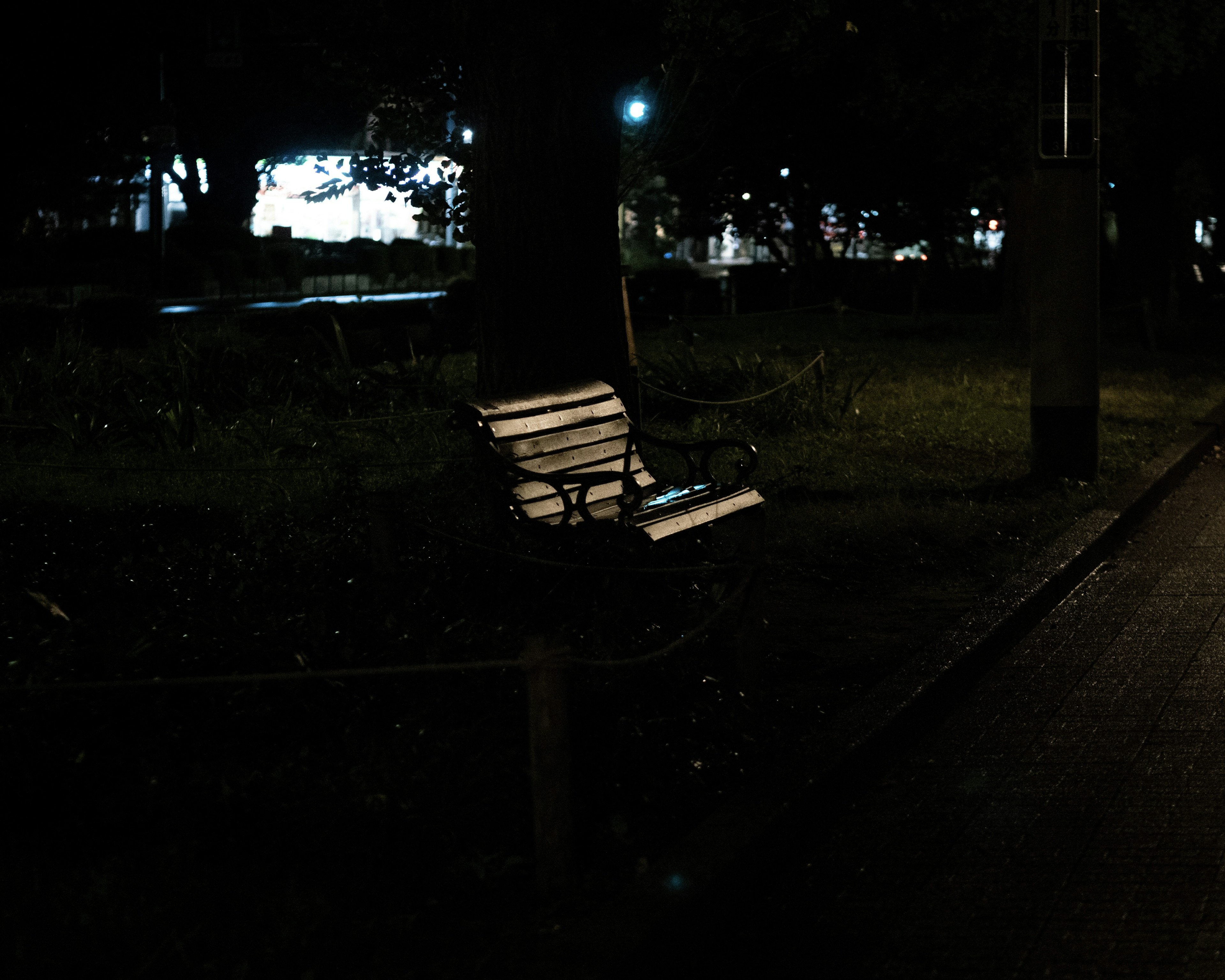 Un banc solitaire dans un parc éclairé par des lumières douces la nuit