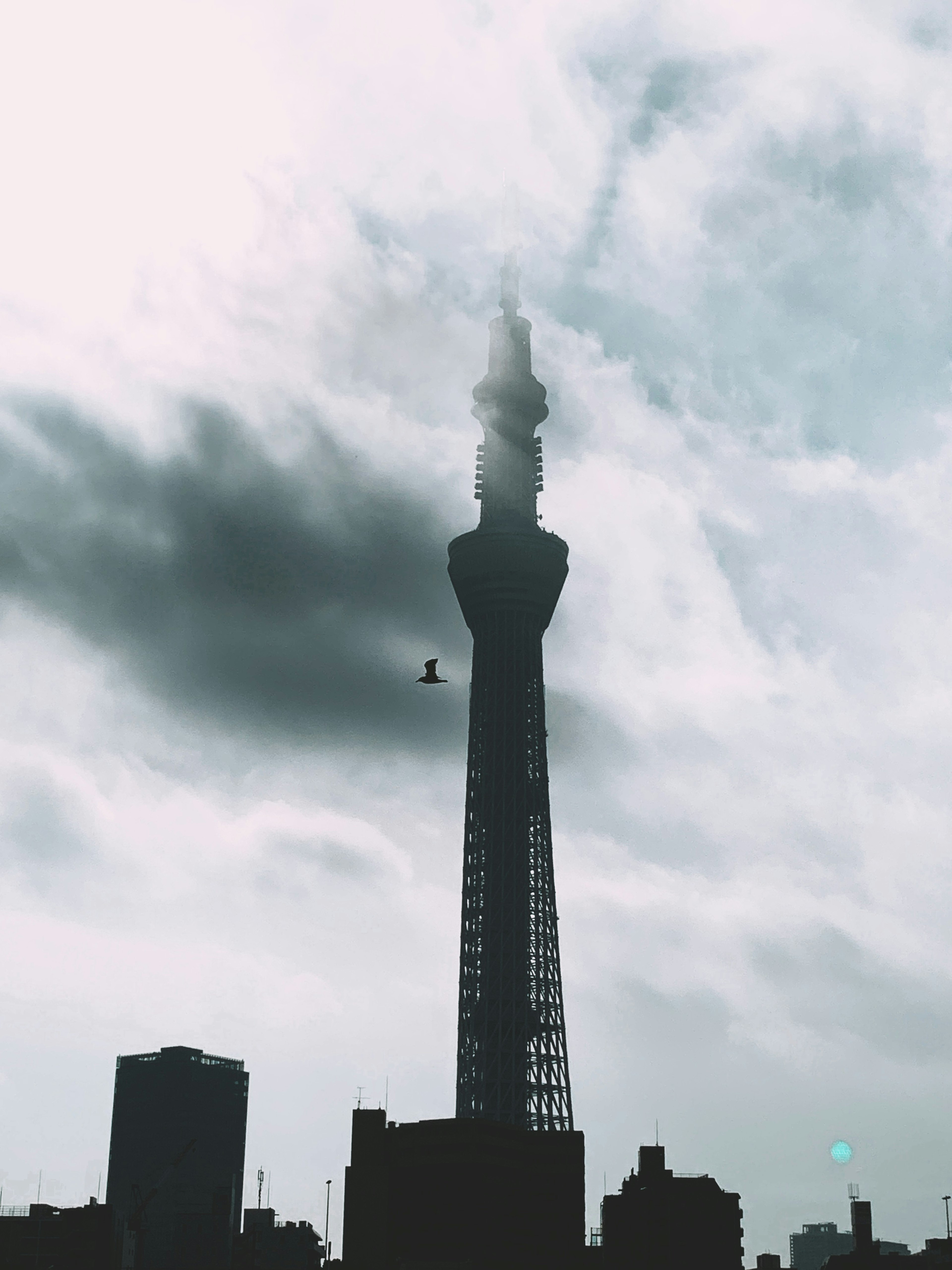 Silhouette des Tokyo Skytree in Wolken gehüllt