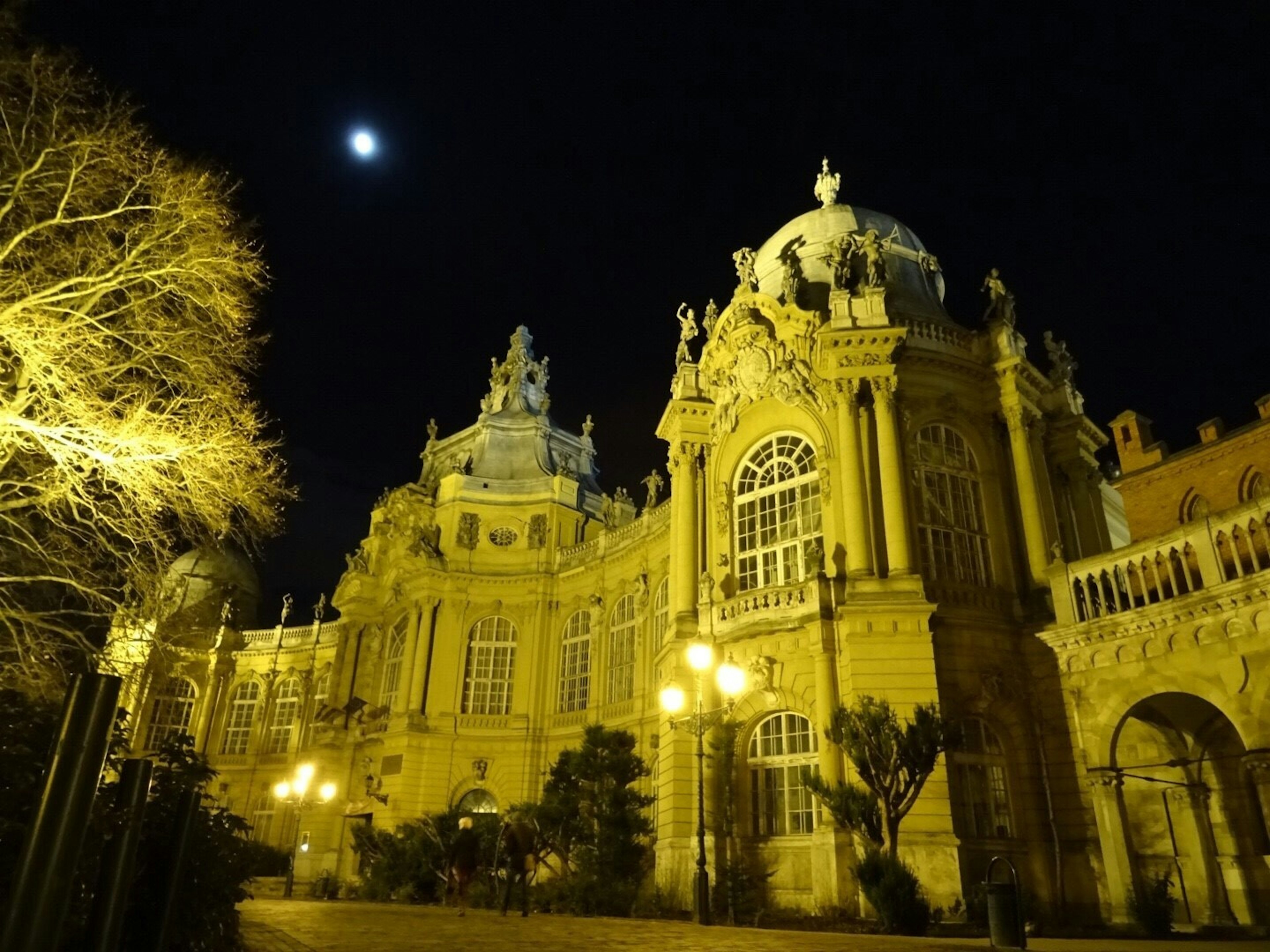 Hermosa fachada de edificio iluminada por la luna de noche