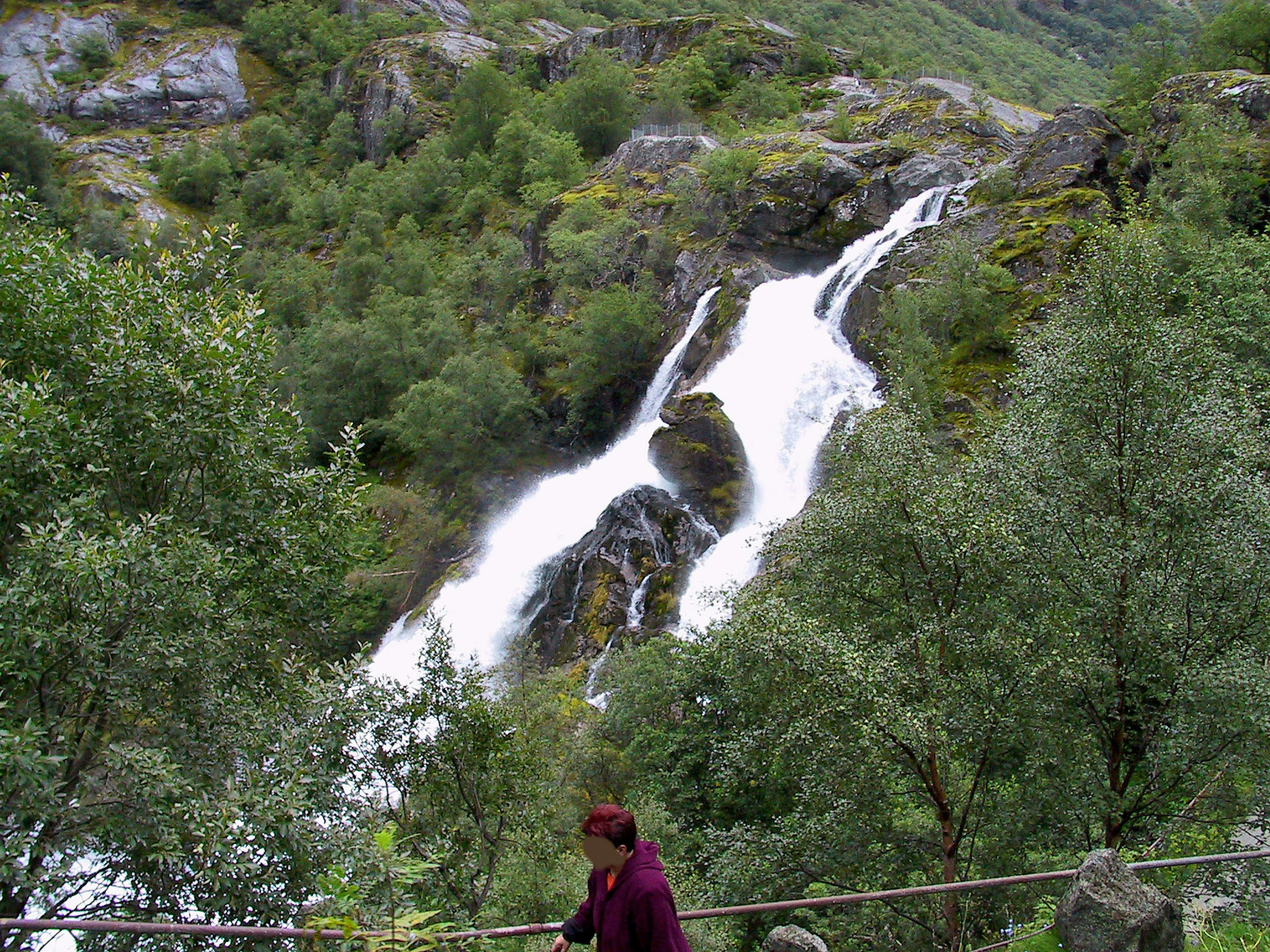 Eine Person, die nahe einem Wasserfall geht, umgeben von üppigem Grün und fließendem Wasser