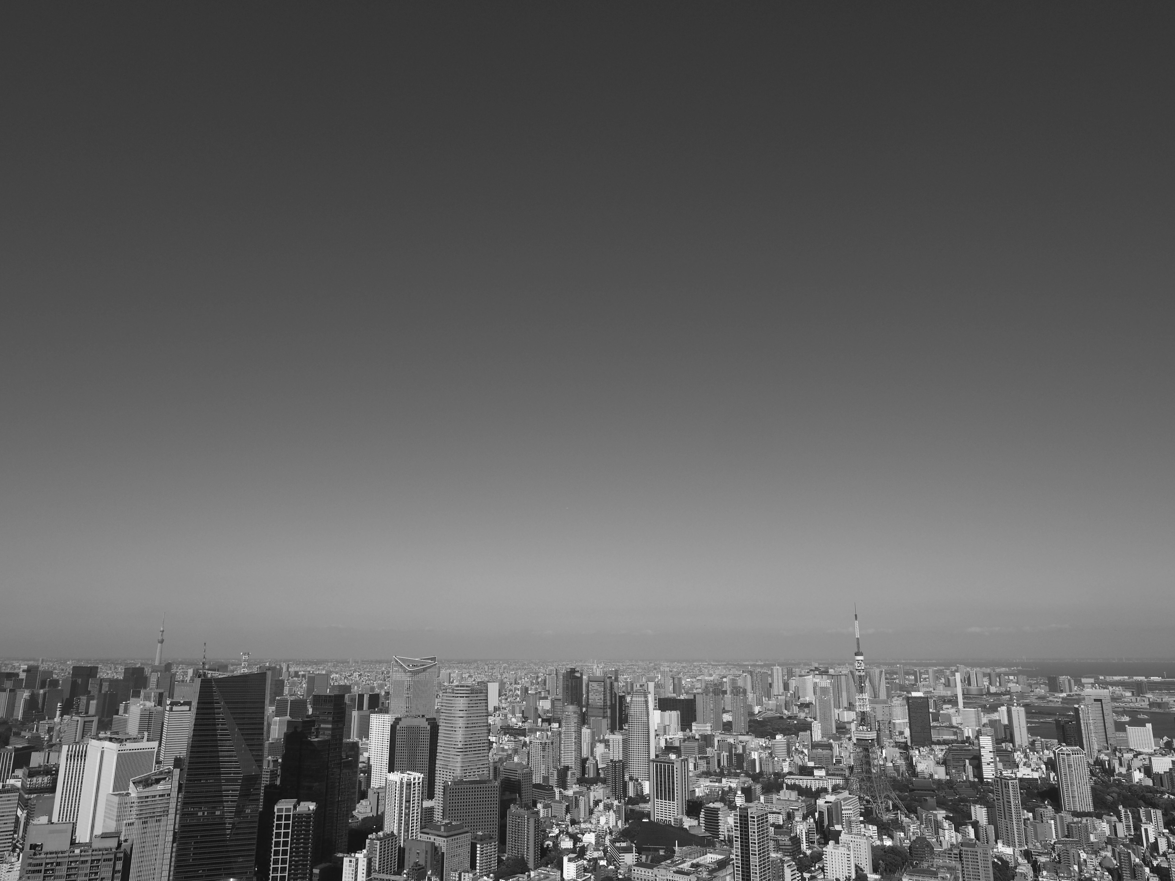 Paisaje urbano en blanco y negro de Tokio con rascacielos