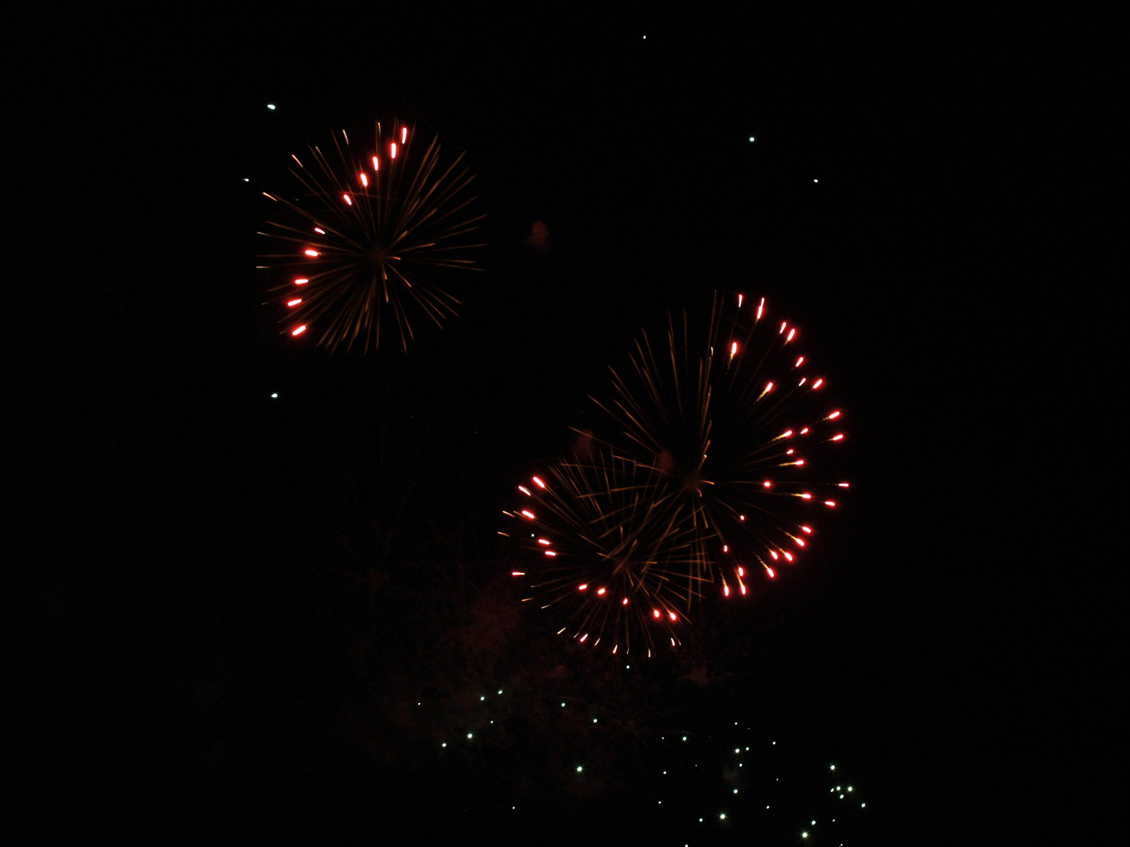 Spettacolo di fuochi d'artificio nel cielo notturno con esplosioni rosse e bianche