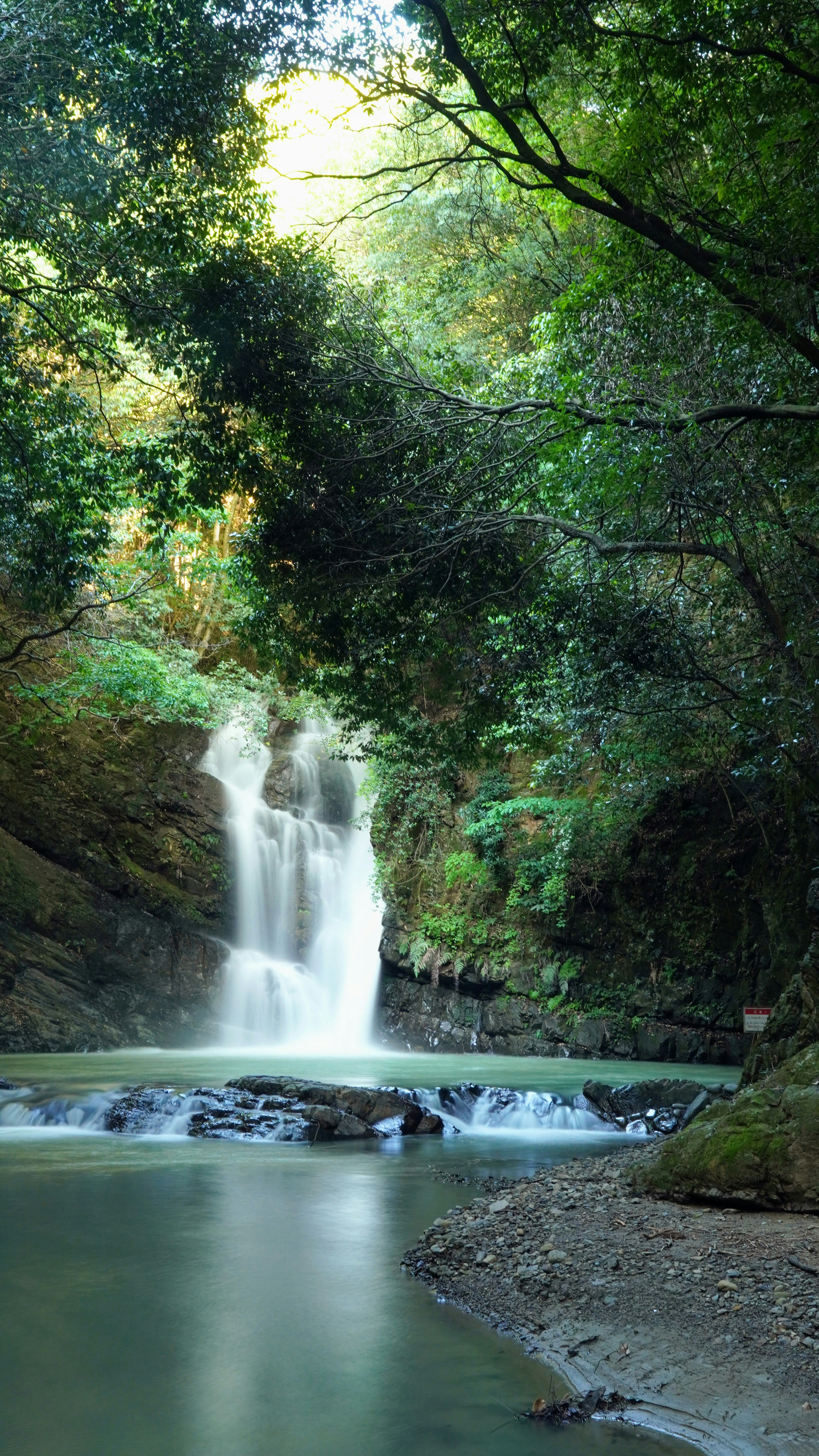 Pemandangan air terjun yang tenang dikelilingi oleh dedaunan yang subur aliran air yang tenang