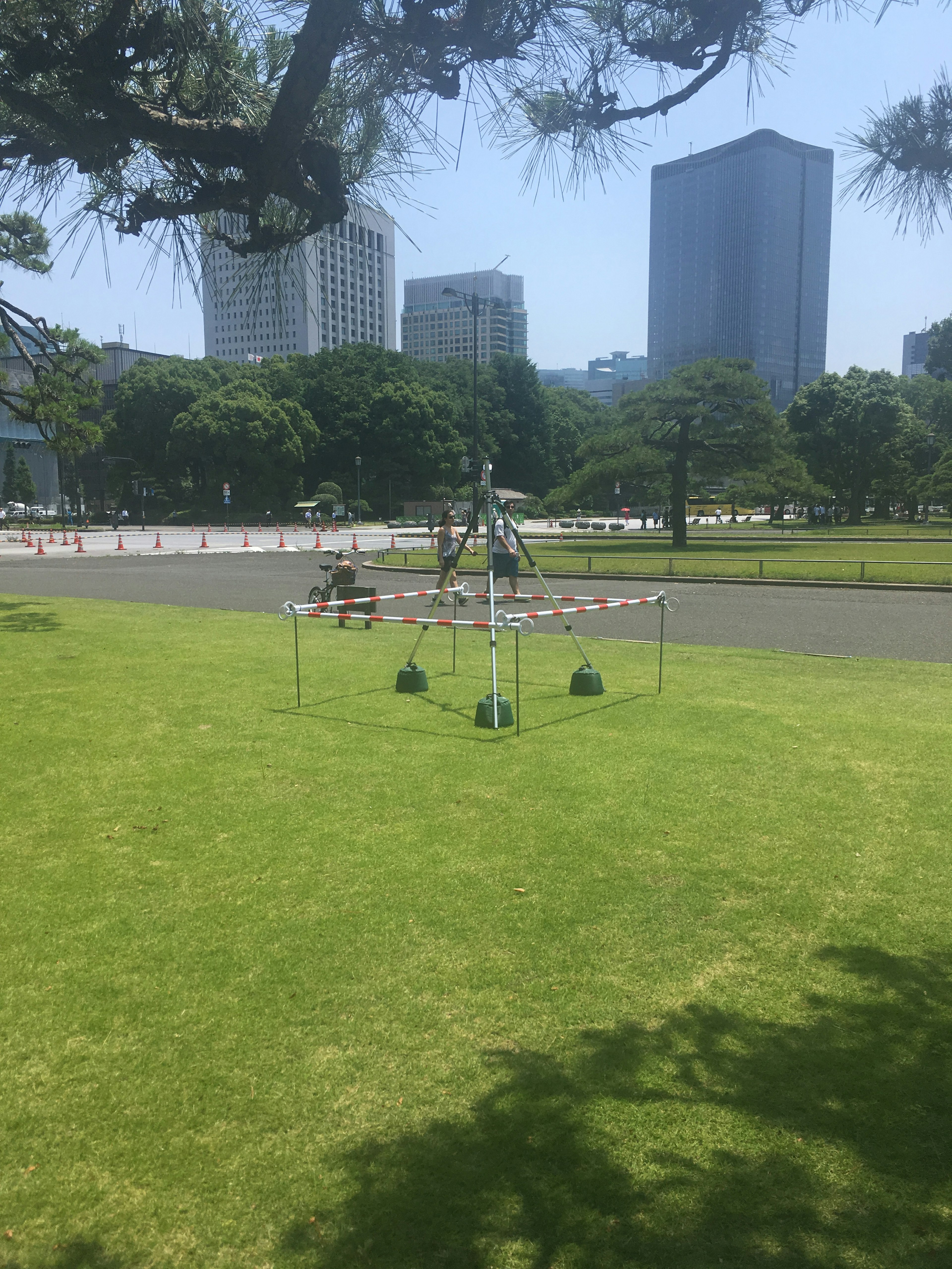 Playground equipment on green grass with skyscrapers in the background