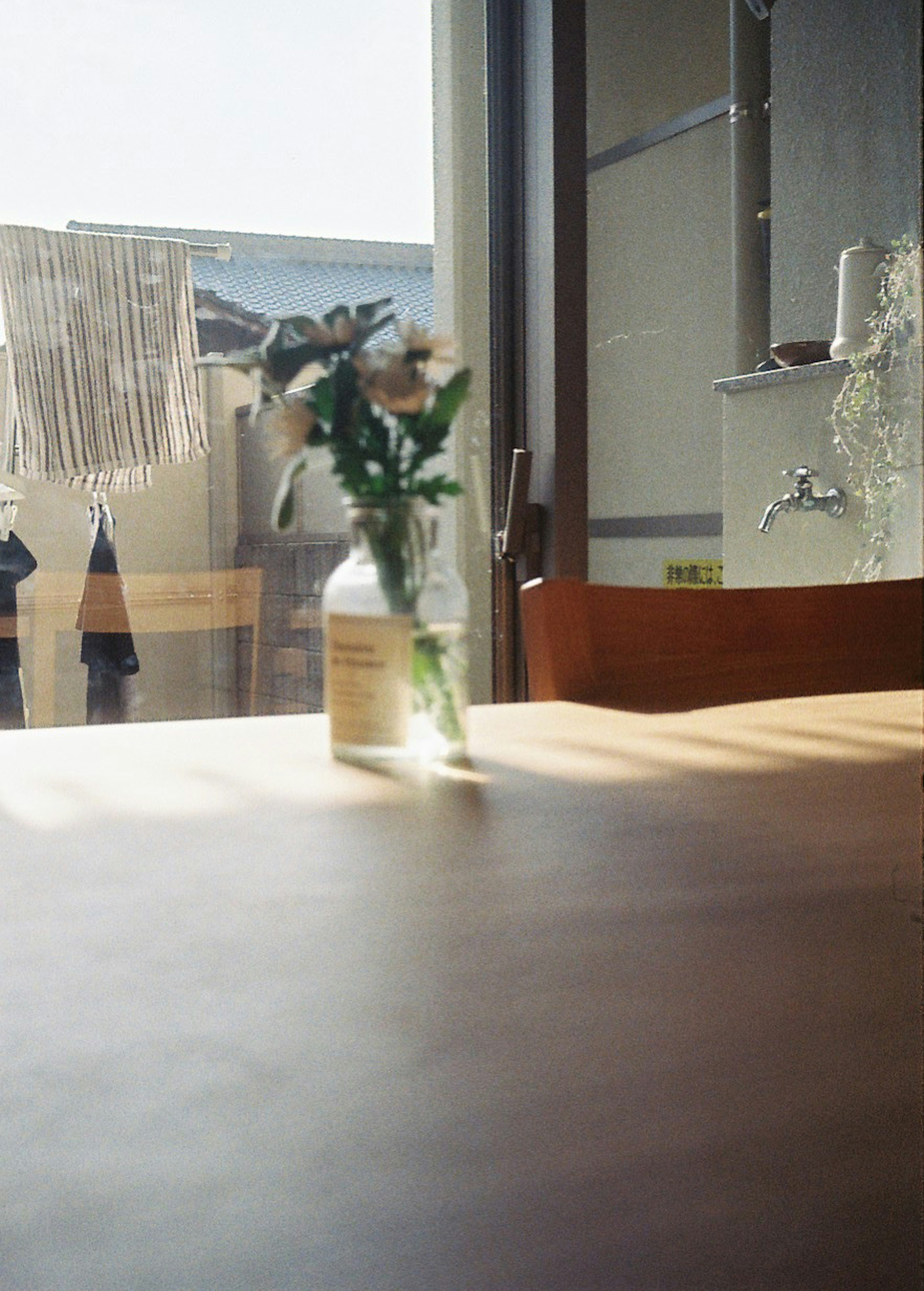 Escena de un jarrón con flores sobre una mesa de madera junto a la ventana