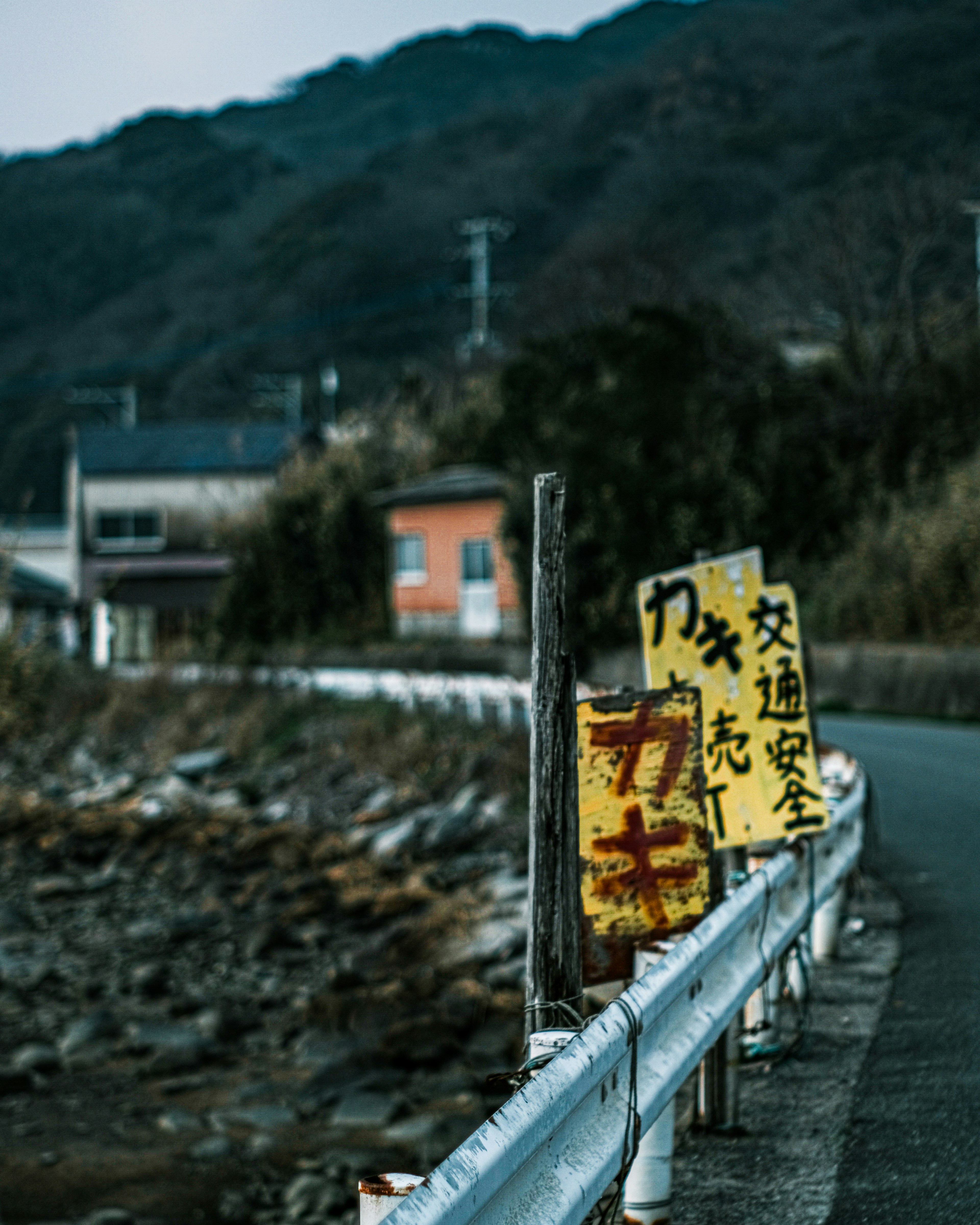 Scenic view of a coastal road with old signs and houses