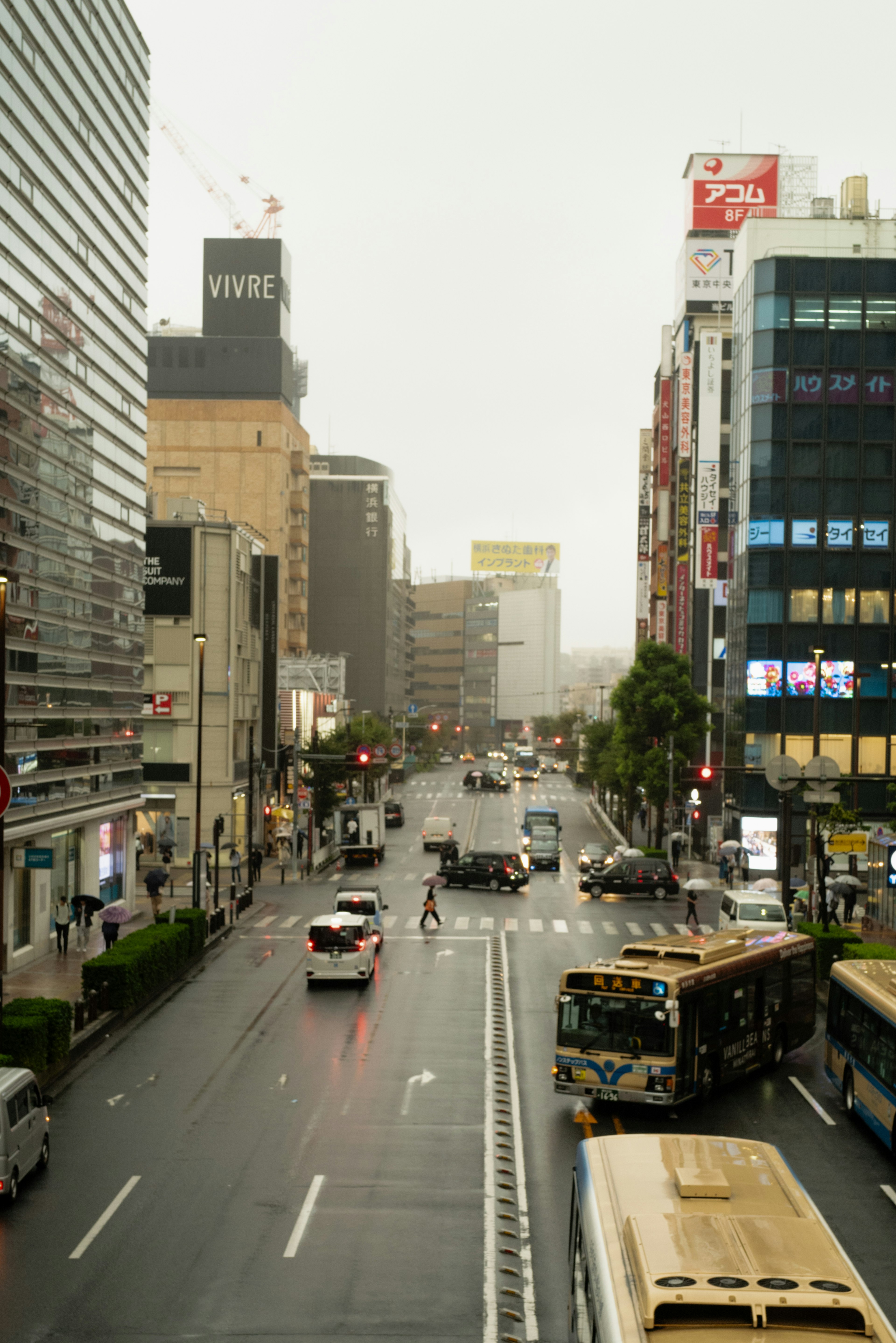 Stadtlandschaft im Regen mit Verkehr auf der Straße mit Hochhäusern und Geschäftseinrichtungen