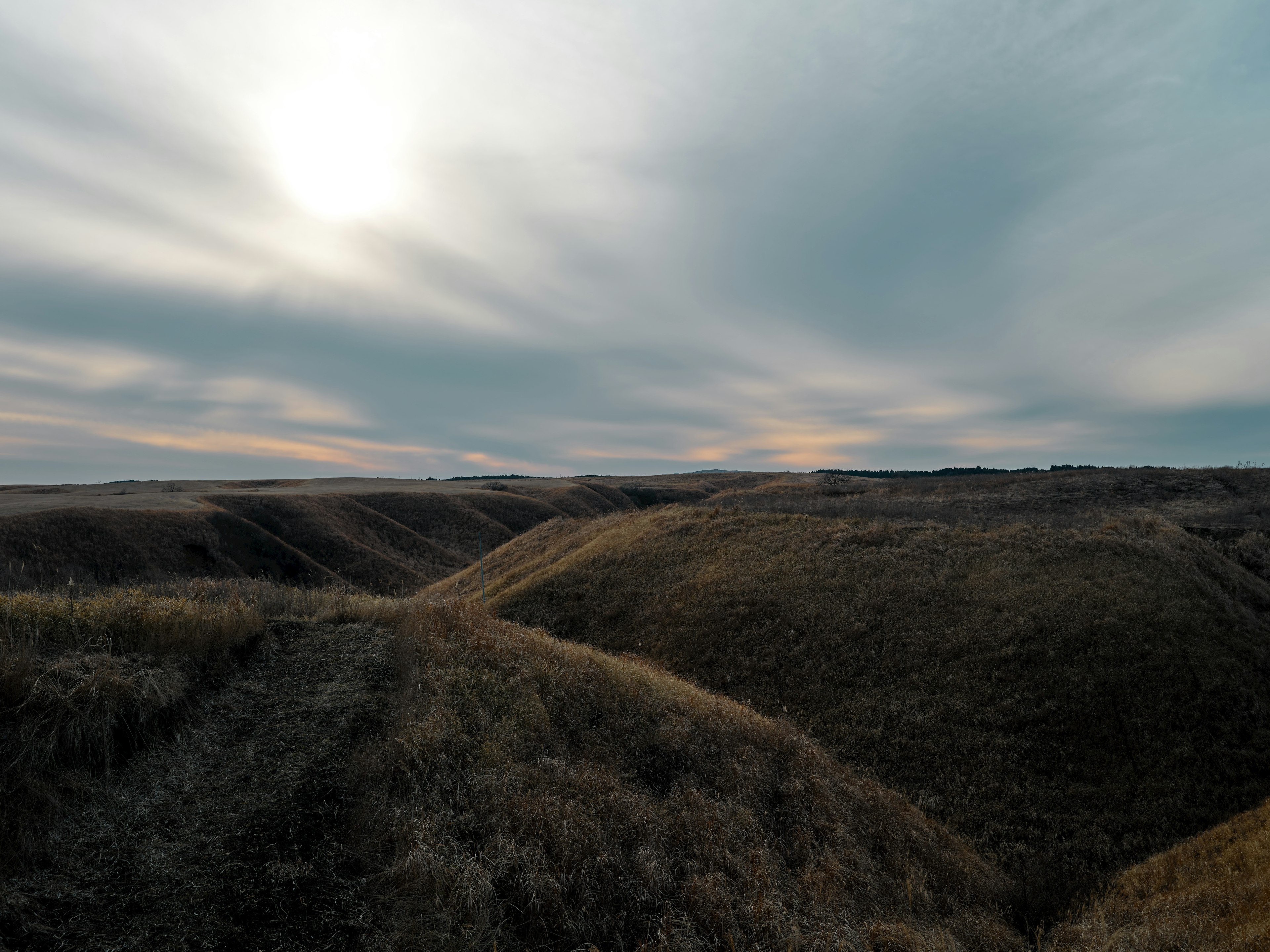 Weite Graslandschaften mit sanften Hügeln unter einem bewölkten Himmel