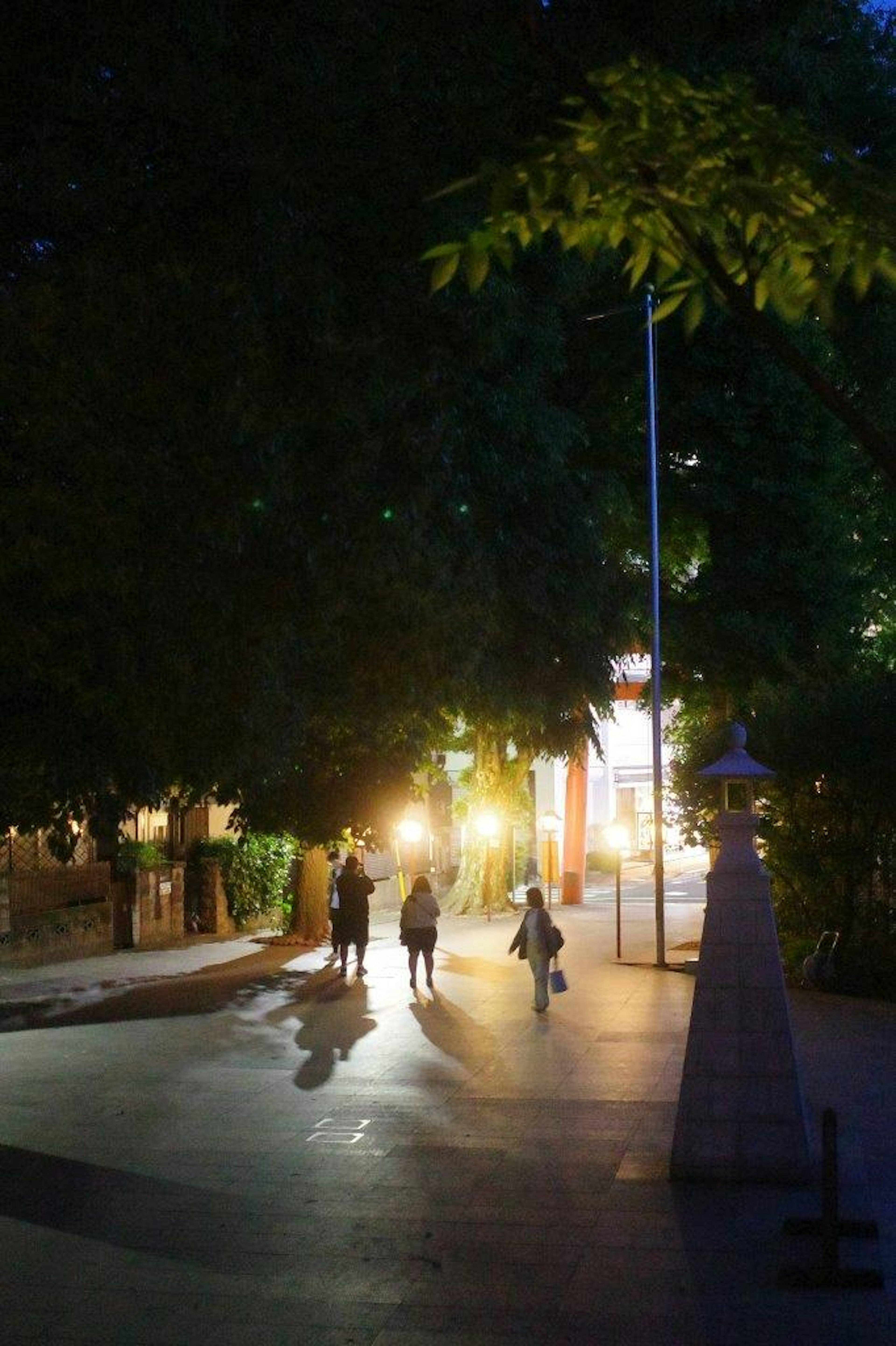 夜の公園を歩く人々のシルエットと明かりのある風景