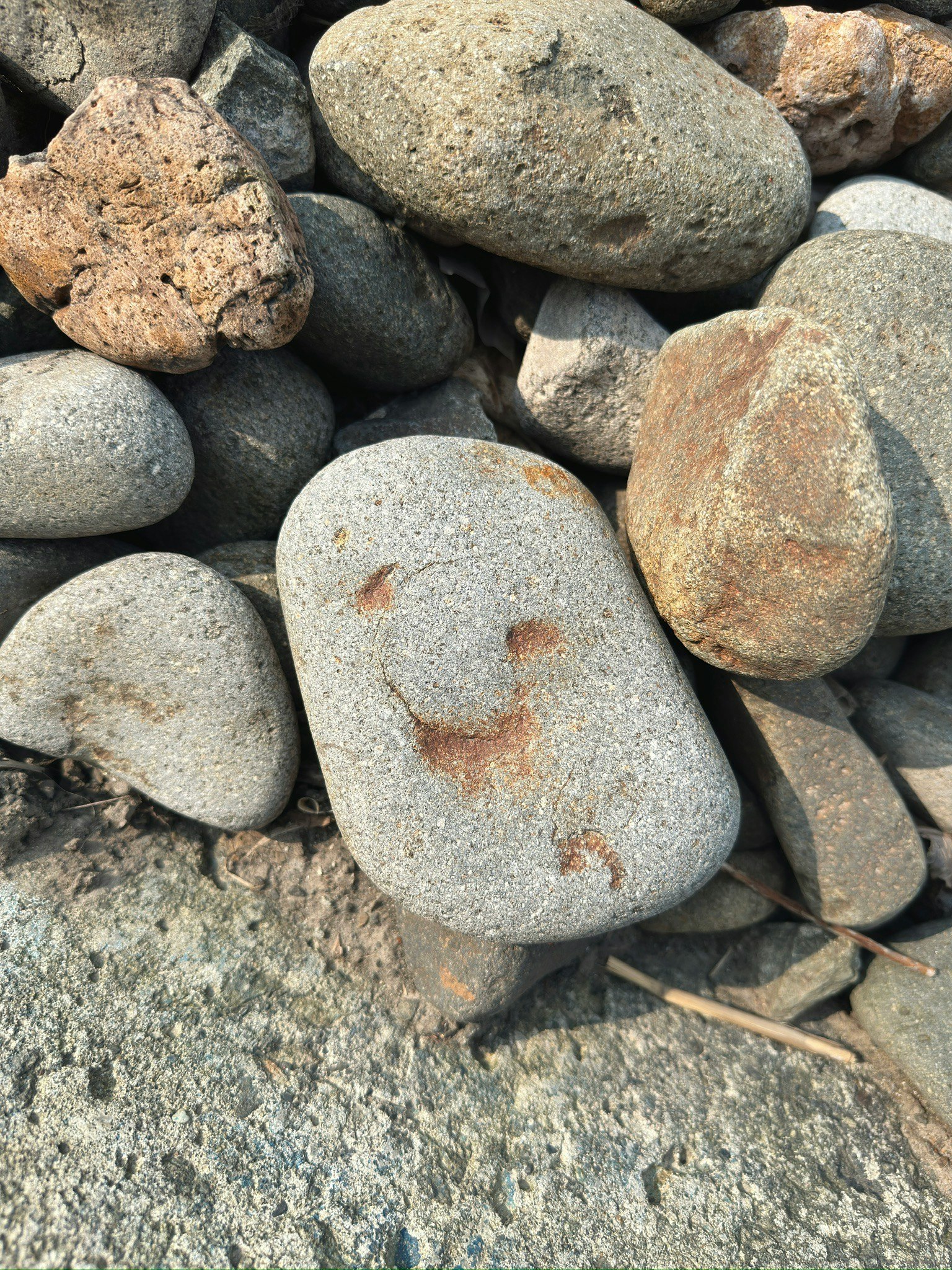 Una pietra con un volto sorridente tra altre rocce