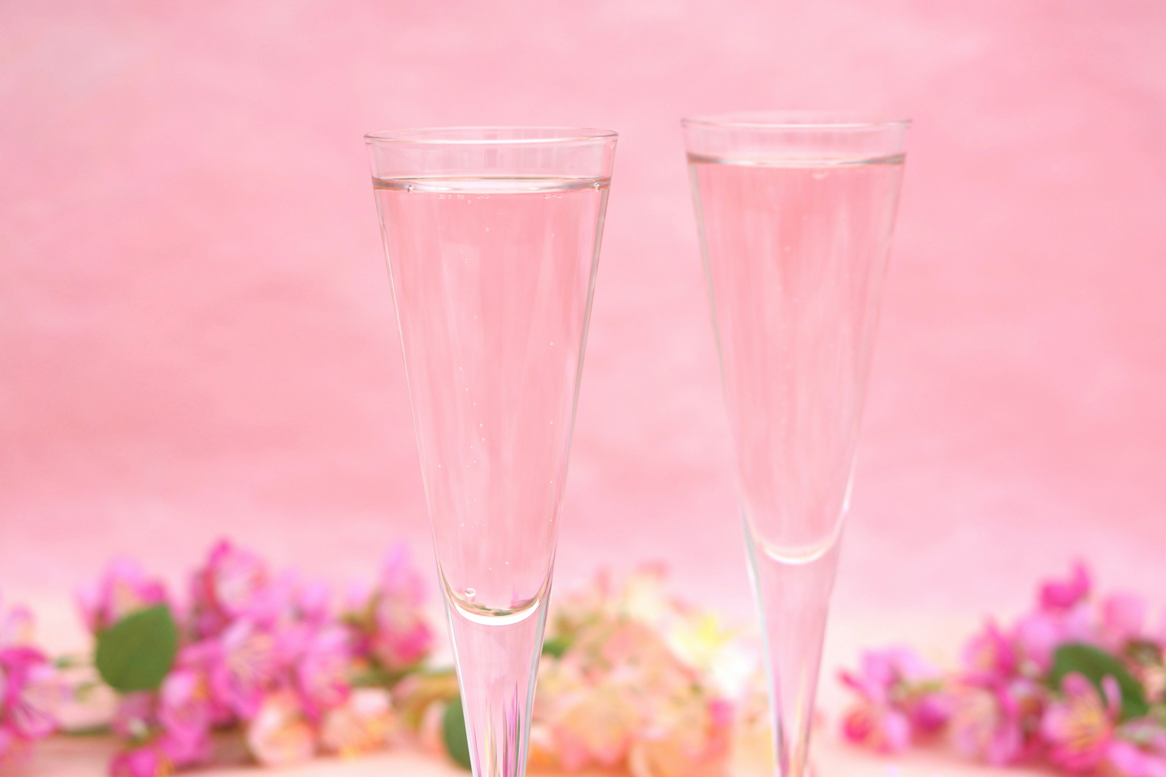 Two champagne flutes on a pink background with flowers