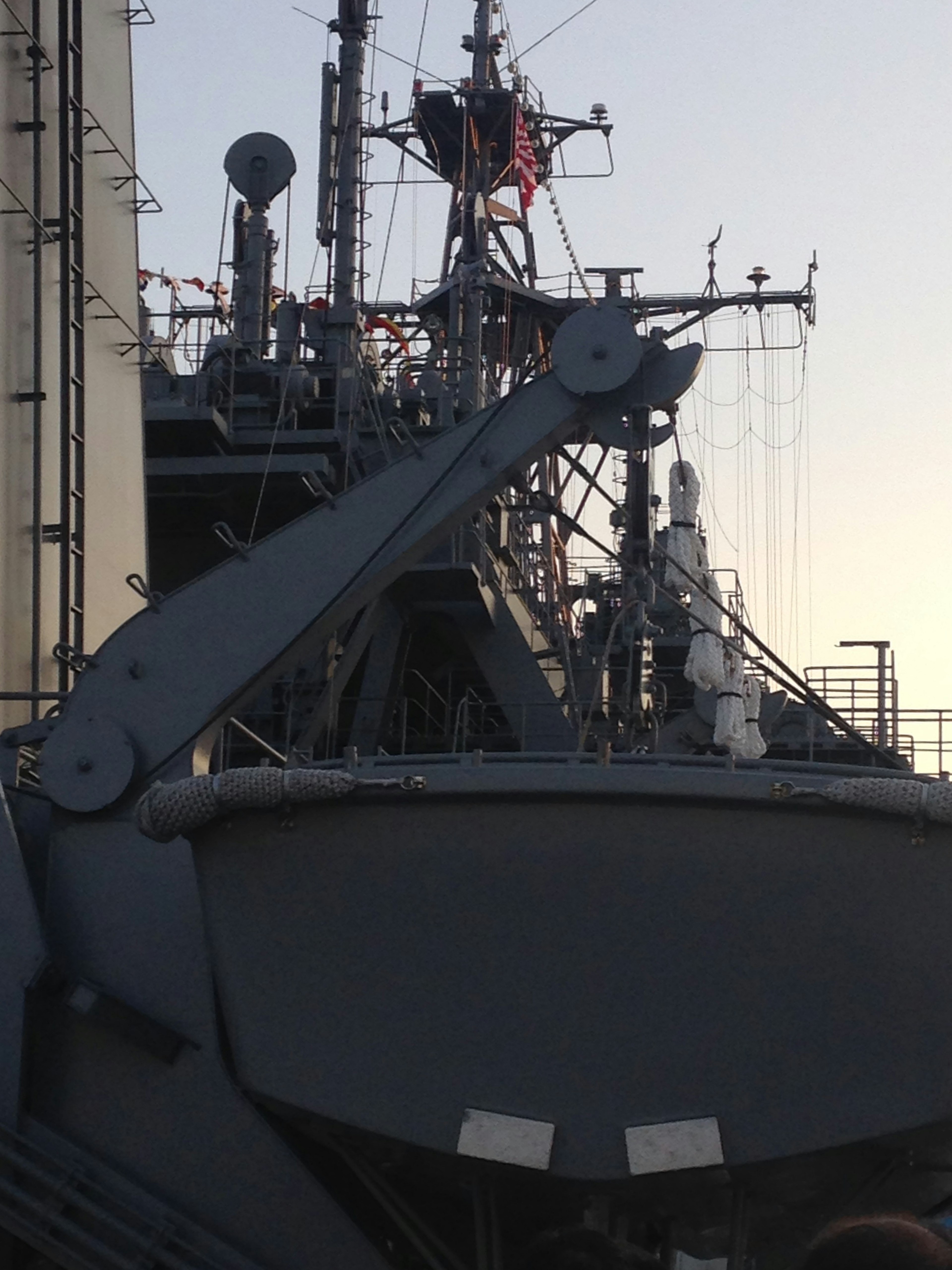 Close-up view of a ship's crane and structural elements