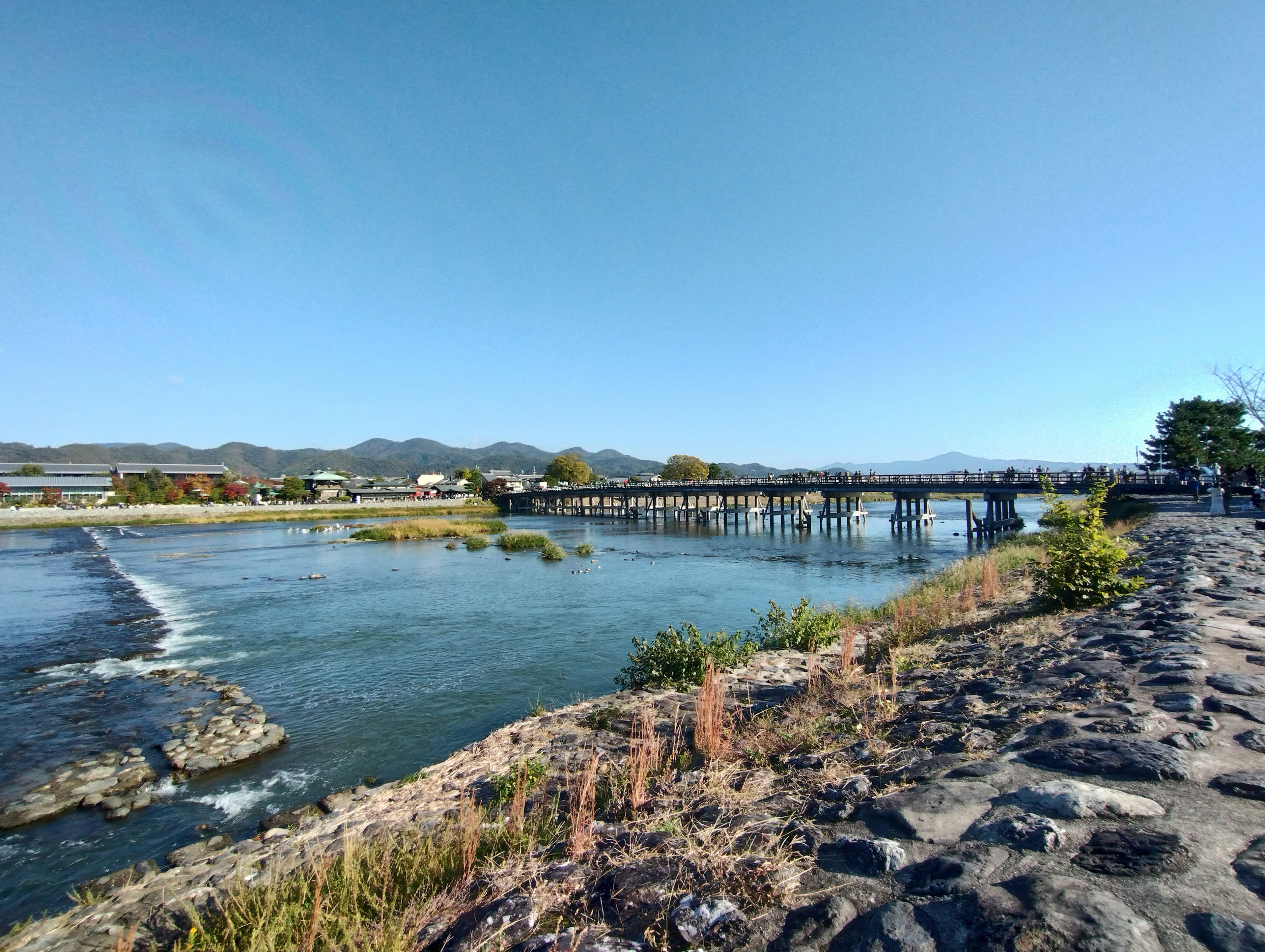 Scenic view of a river and bridge under a clear blue sky