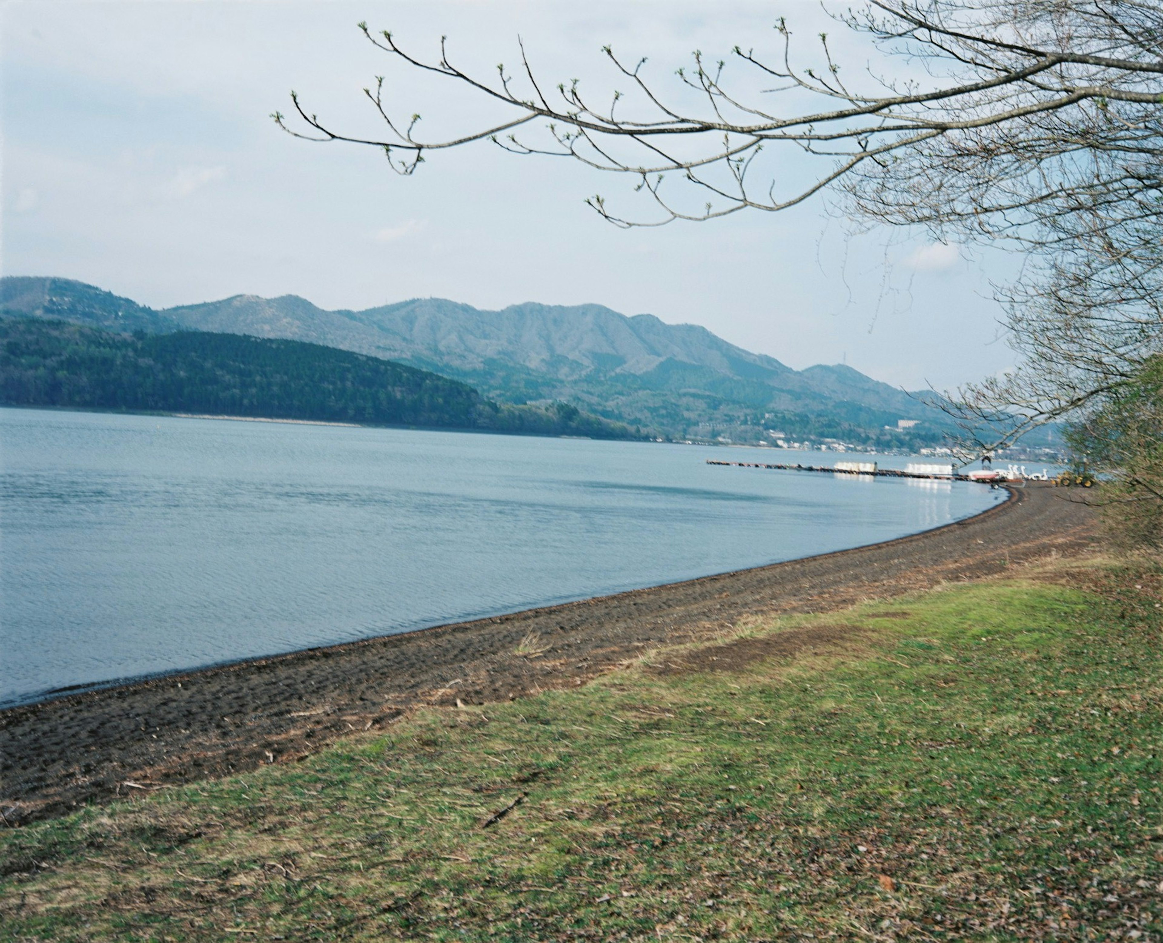 宁静的湖边风景，背景是山脉