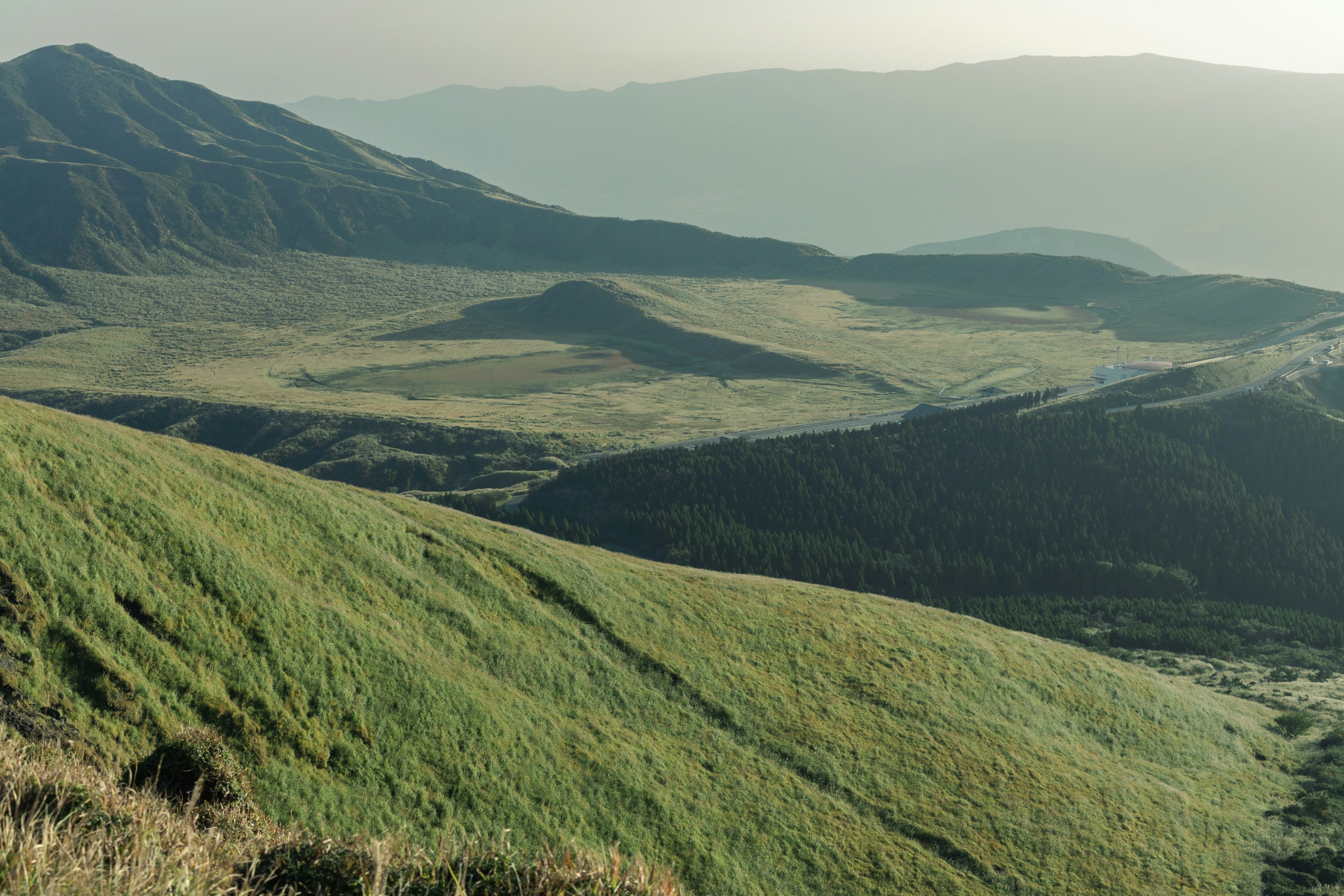 Vue expansive des prairies vertes et des montagnes