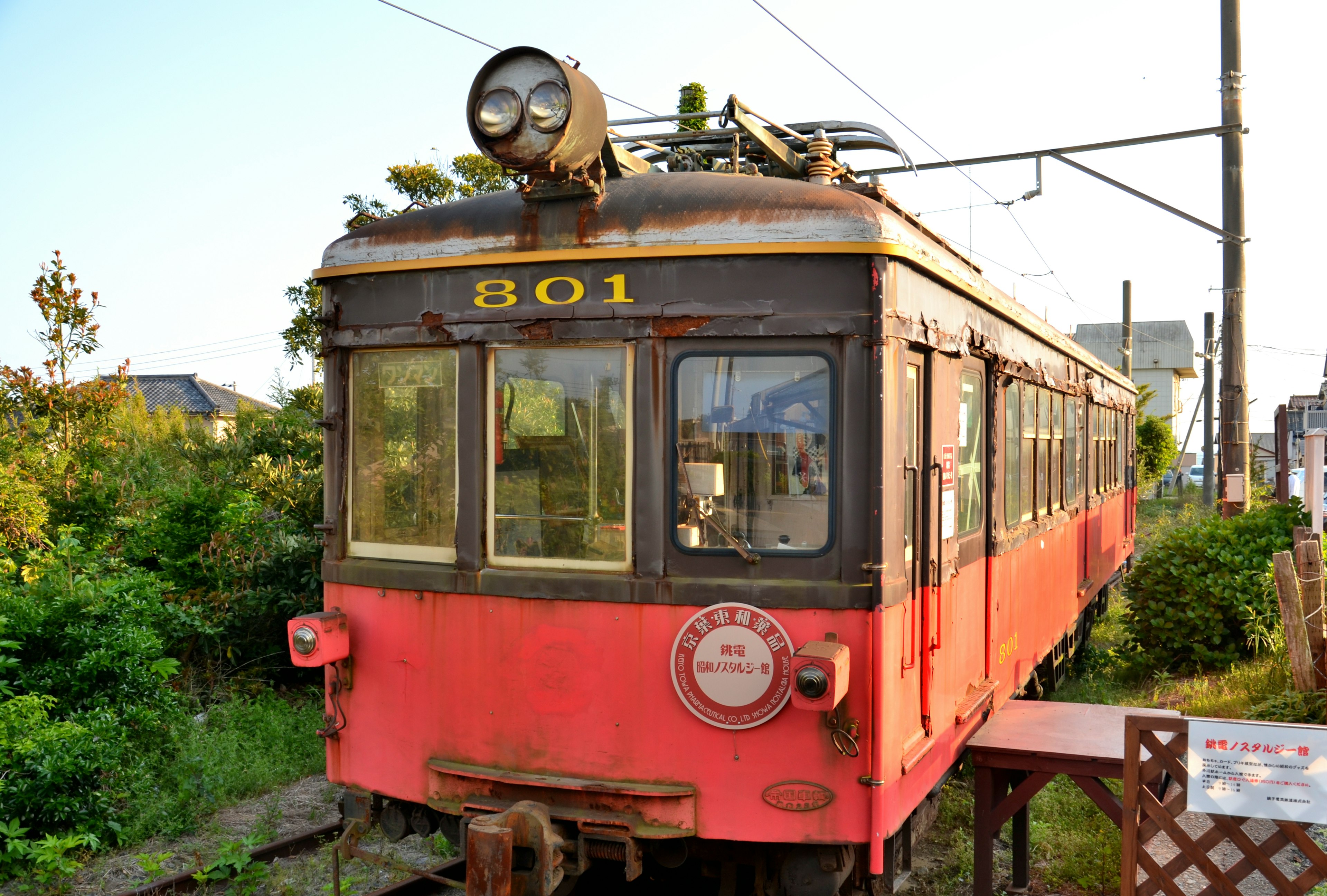 Treno rosso numero 801 circondato da vegetazione