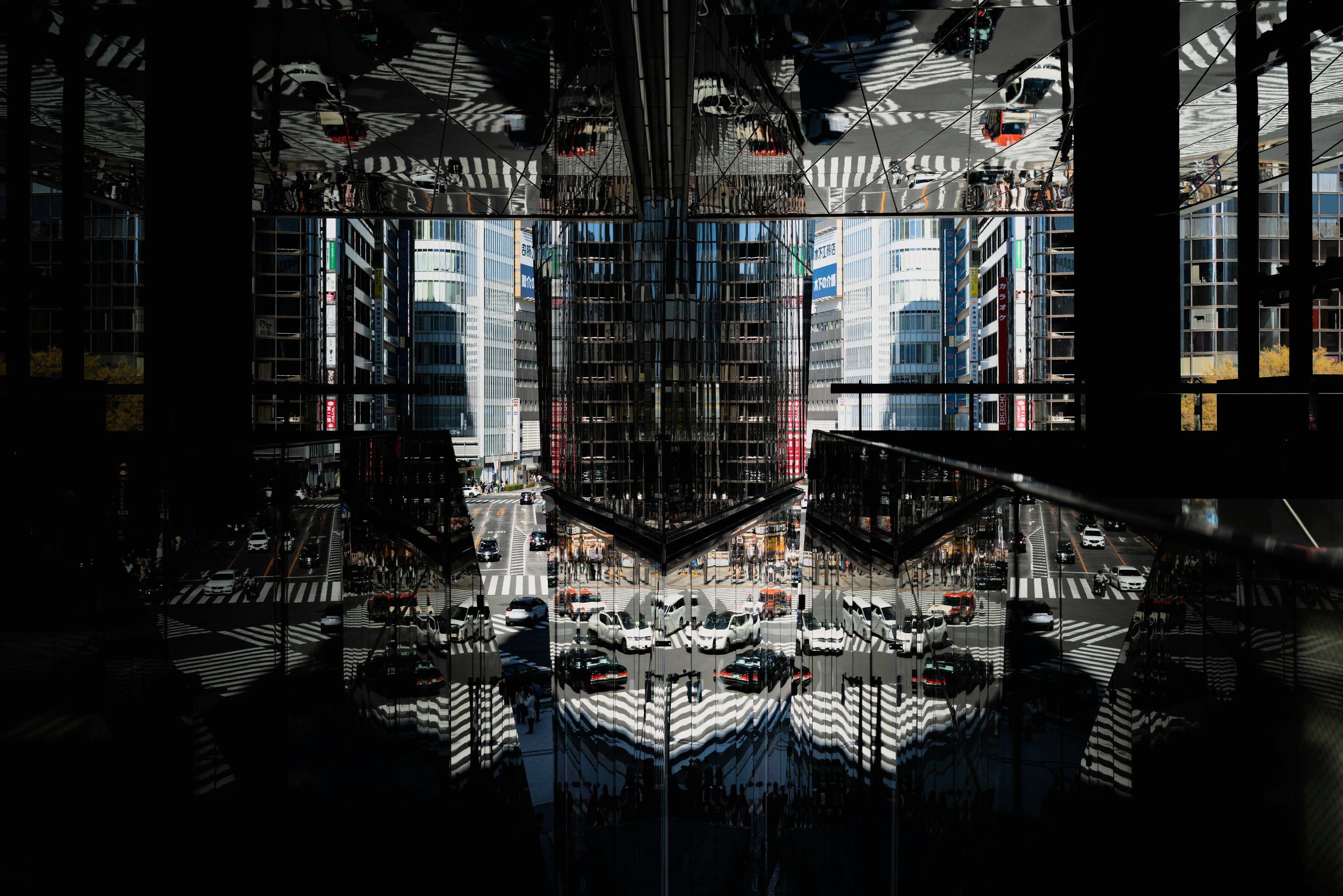 Image of reflections in a high-rise building interior Bright light streaming through glass walls