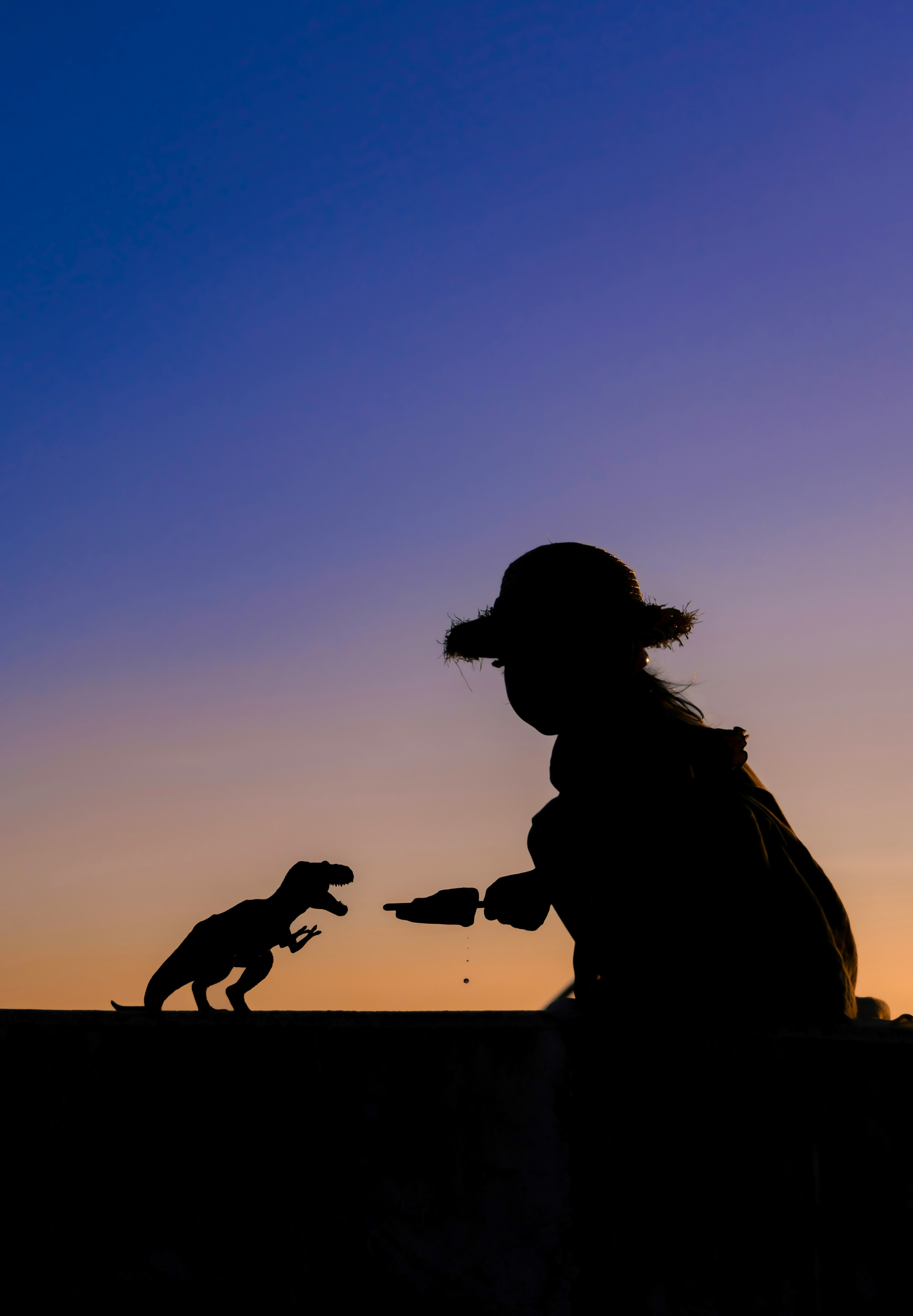 Silueta de un niño sosteniendo una figura de dinosaurio contra un atardecer