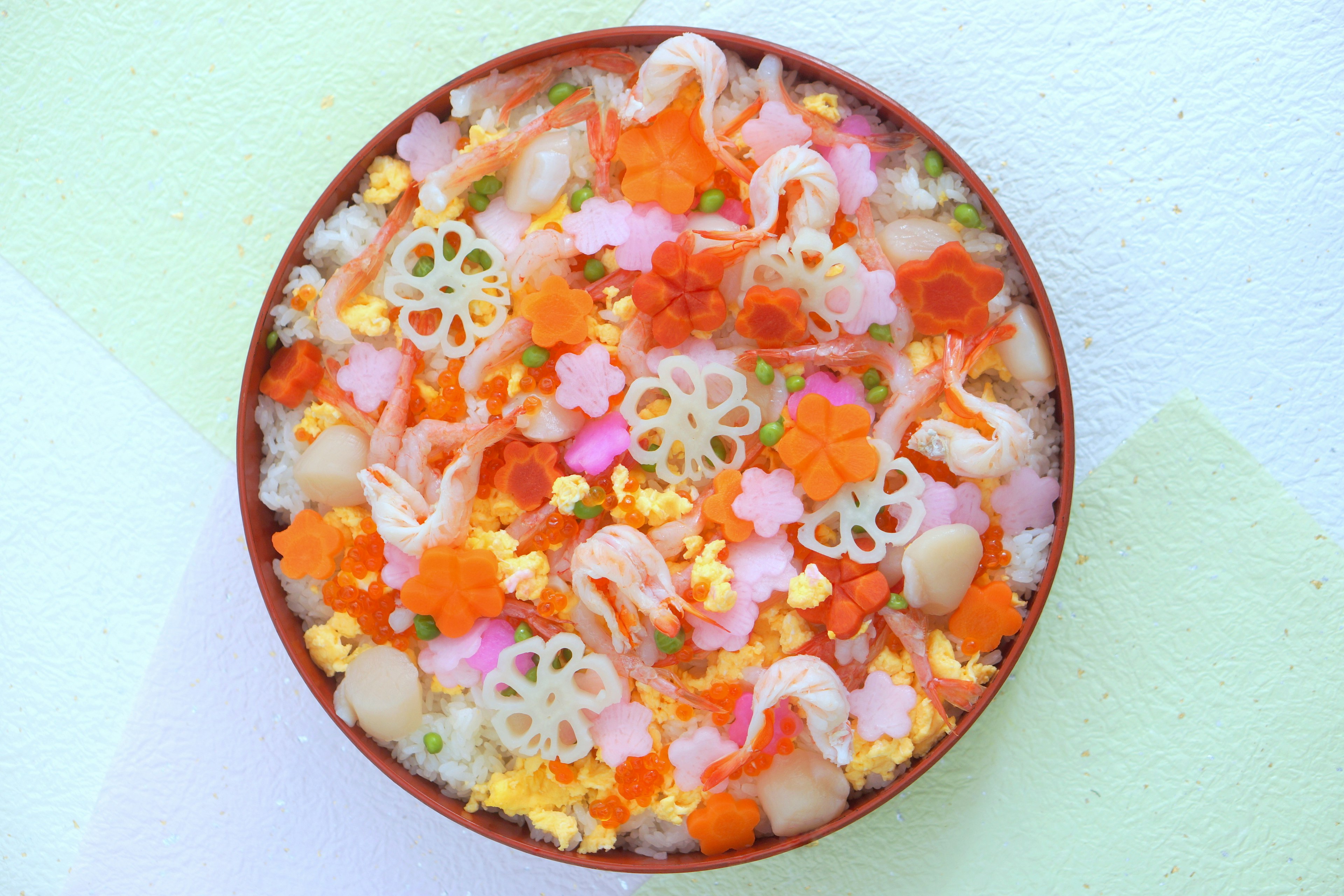 Colorful ingredients arranged in an elegant Japanese-style dish