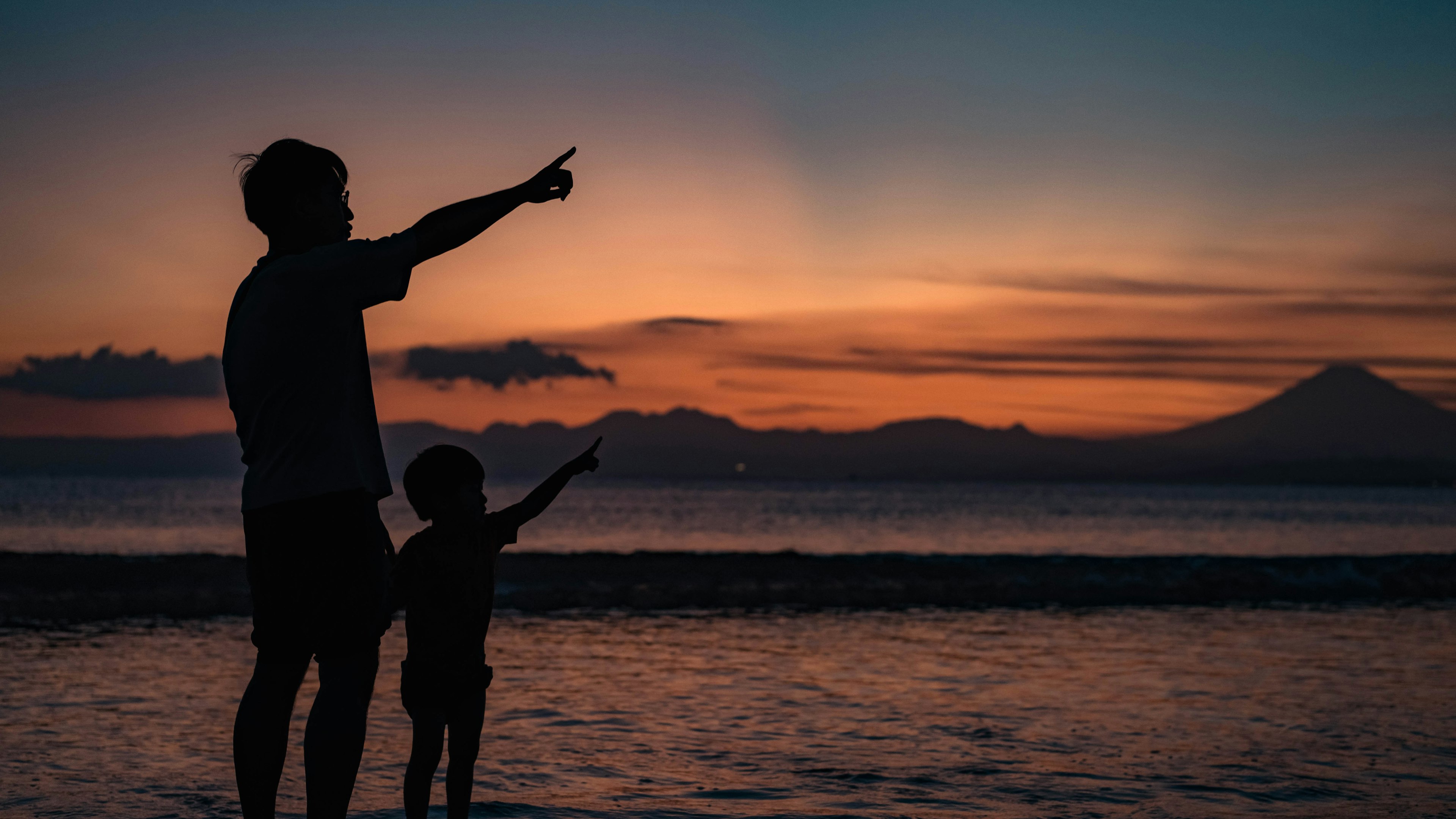 Silhouette d'un père et d'un enfant pointant vers le coucher de soleil