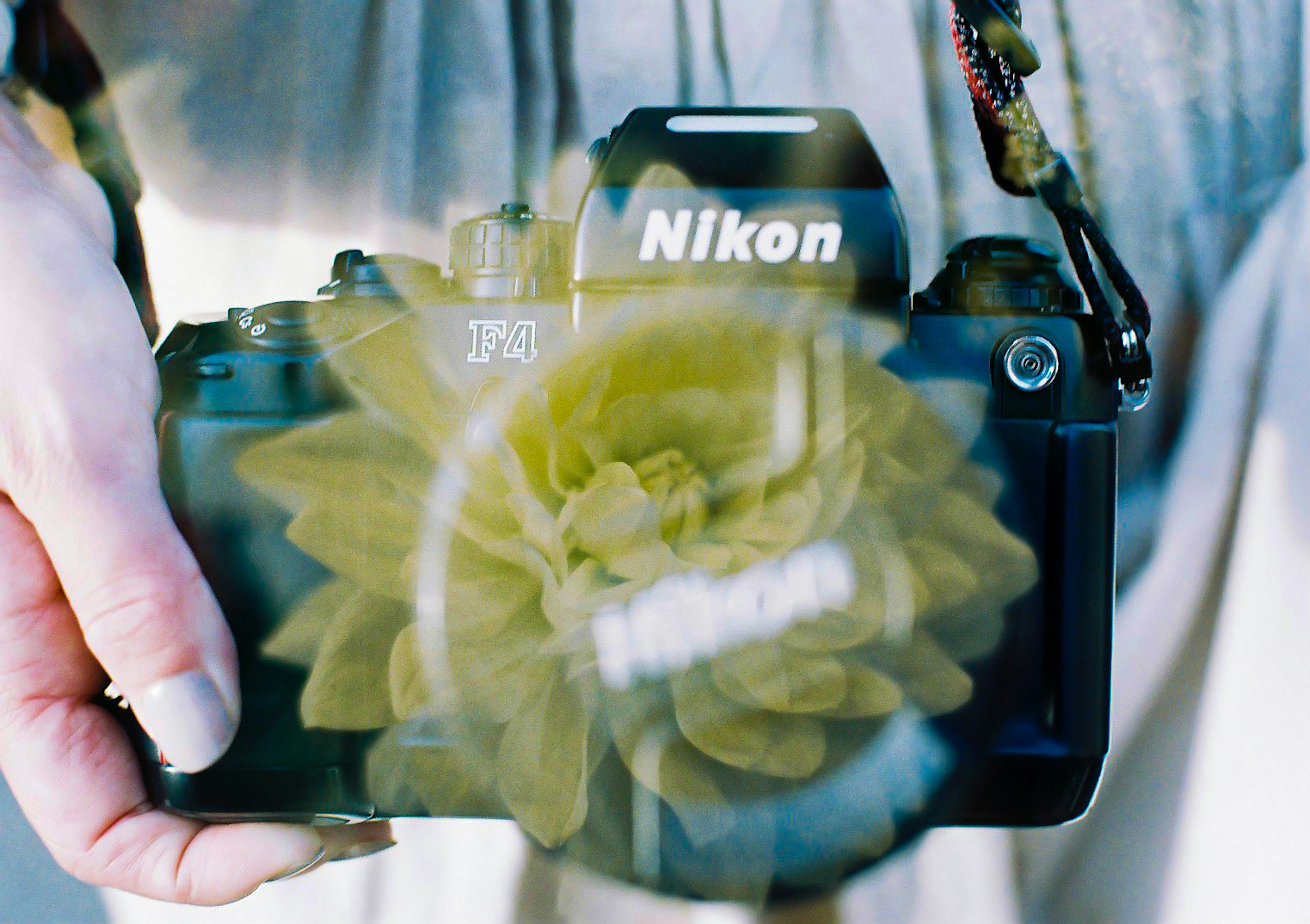 Una fotocamera Nikon tenuta in mano con un overlay di fiore sullo sfondo