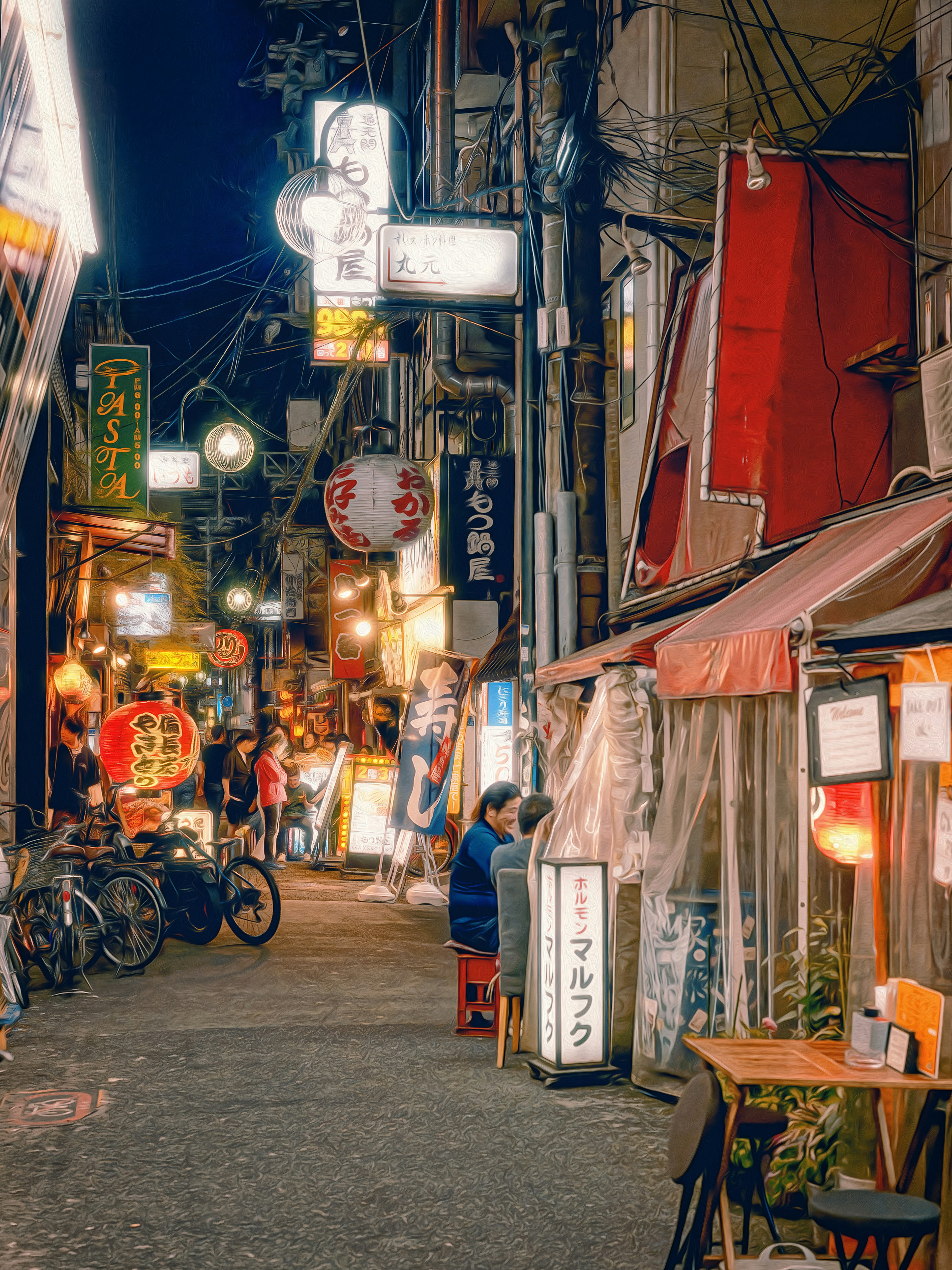 Ruelle étroite bordée de restaurants la nuit