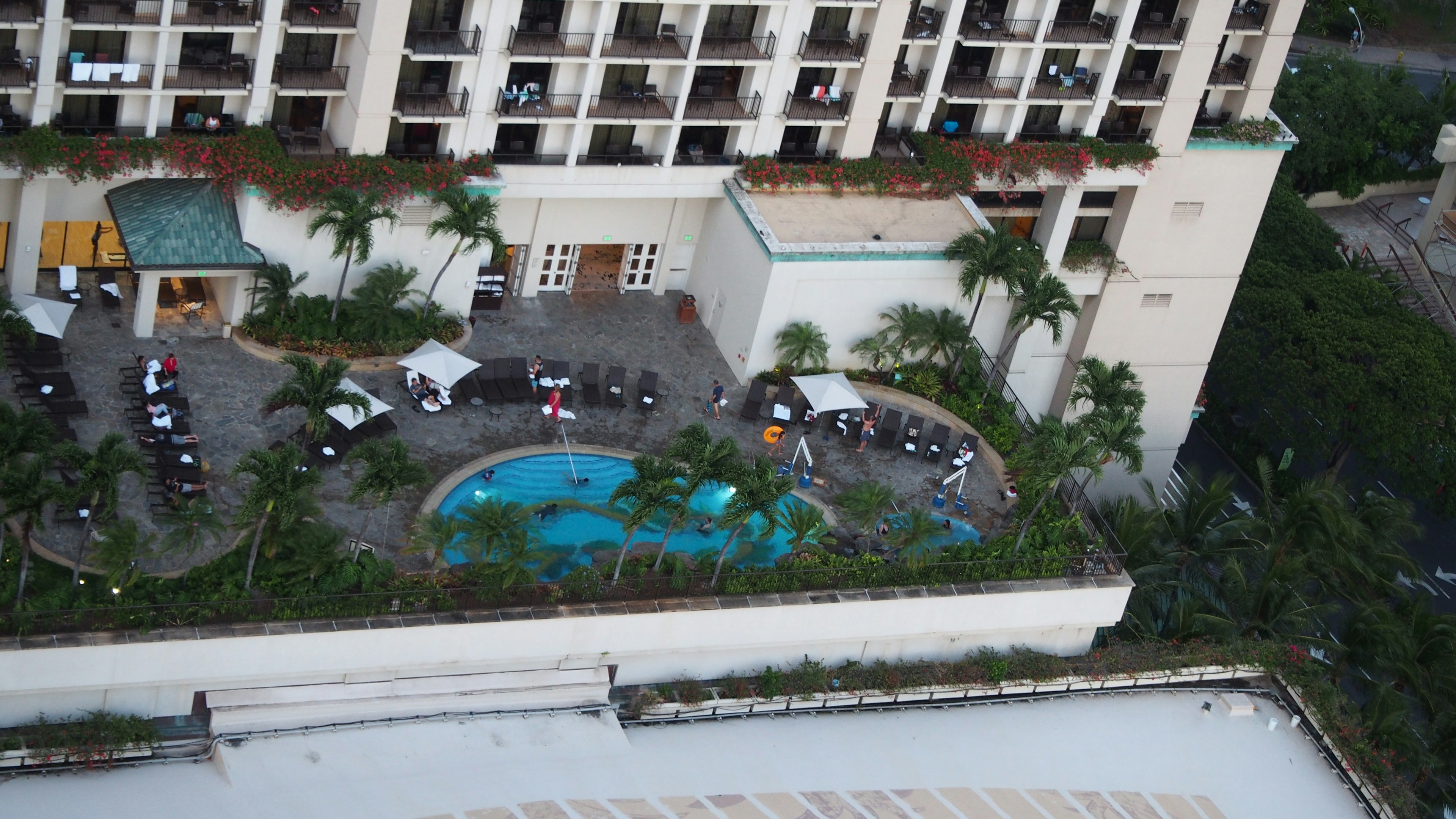 Vue d'une piscine et d'un jardin d'hôtel