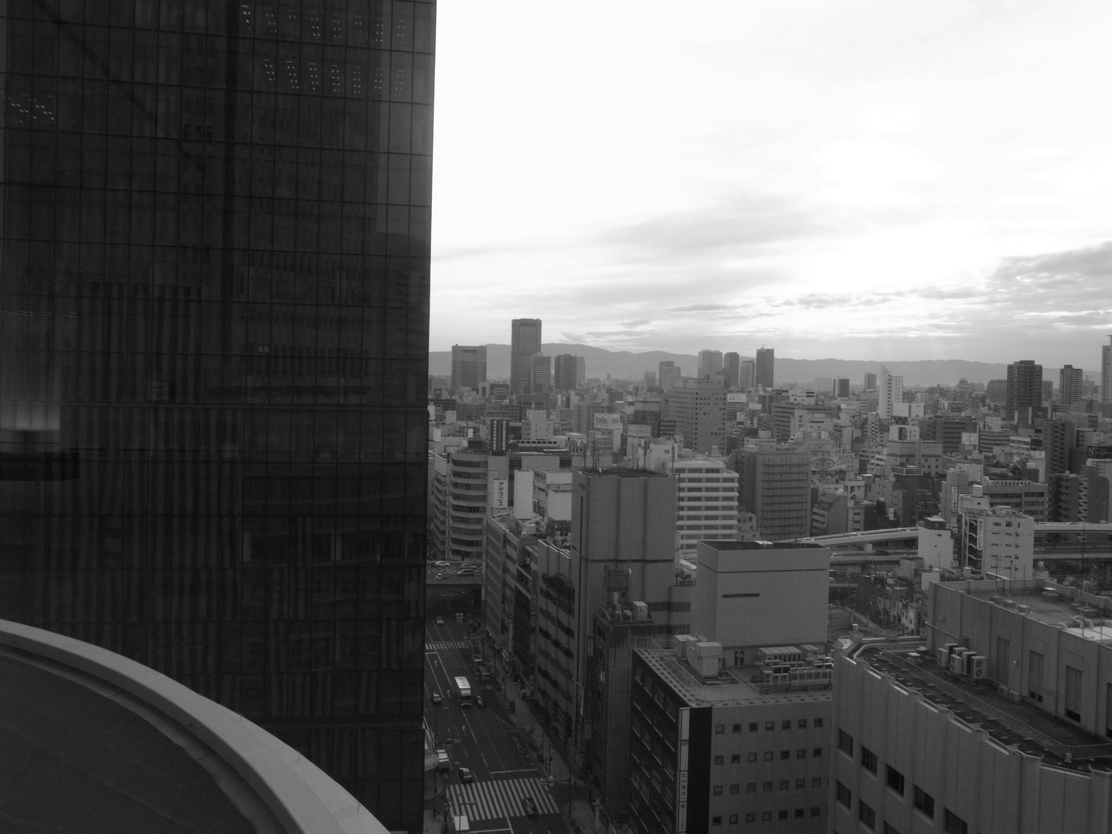 Black and white cityscape featuring high-rise buildings and urban layout