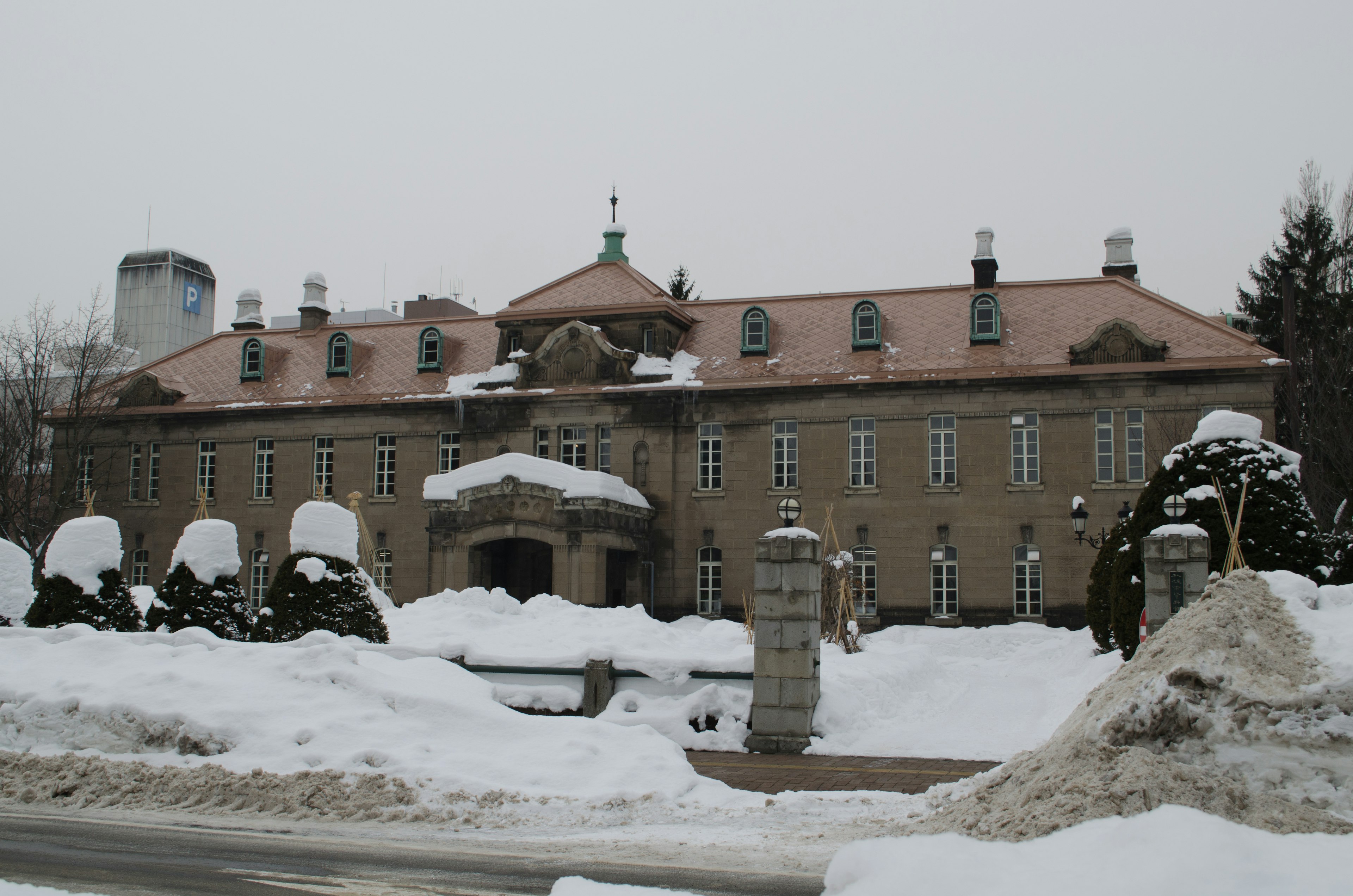 雪に覆われた歴史的な建物が見える風景