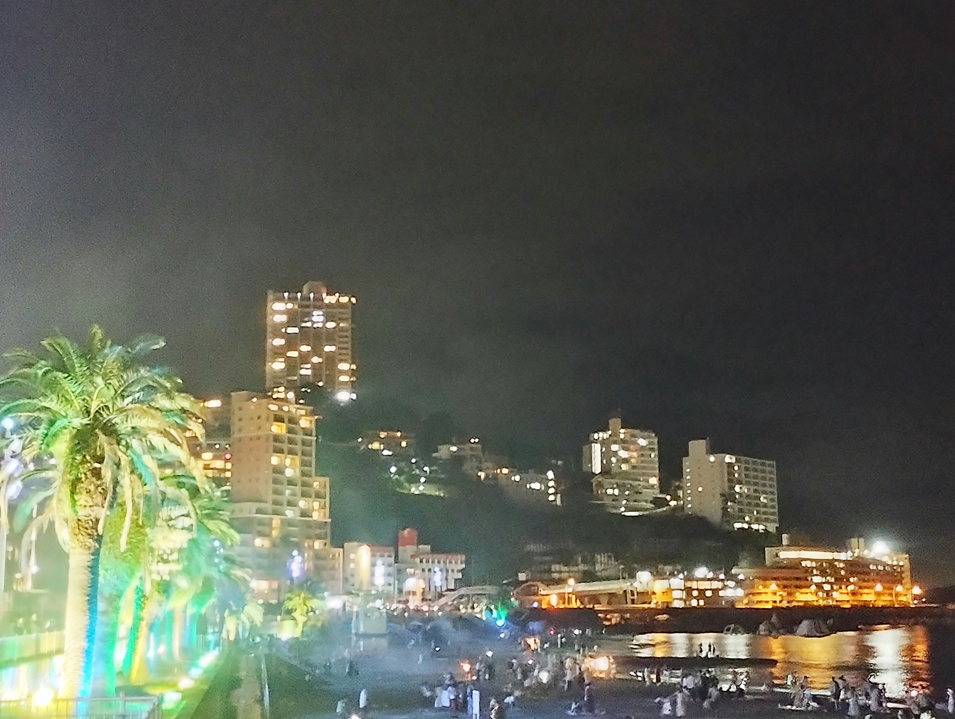 夜景のビーチと高層ビルの風景 緑のヤシの木が彩りを添えた