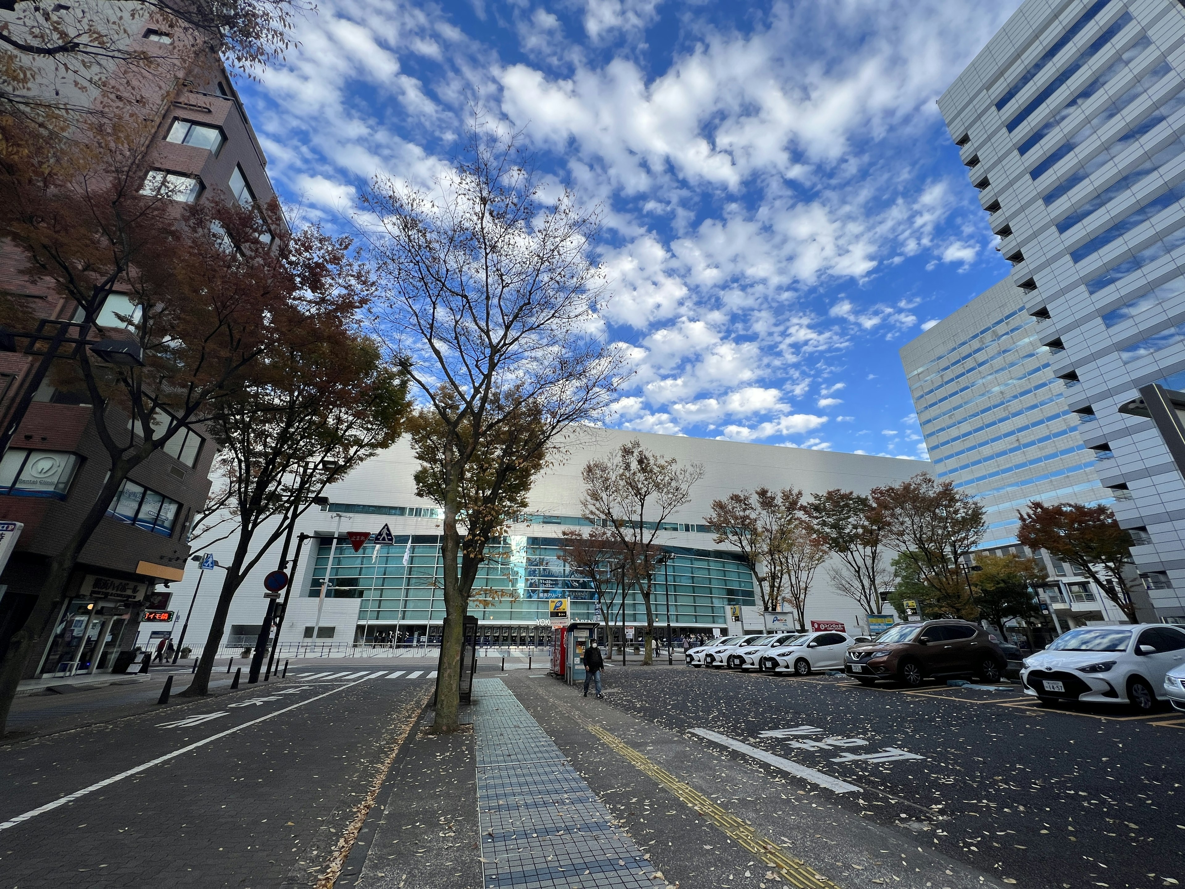 青空に白い雲が広がる街並みと秋の木々がある風景