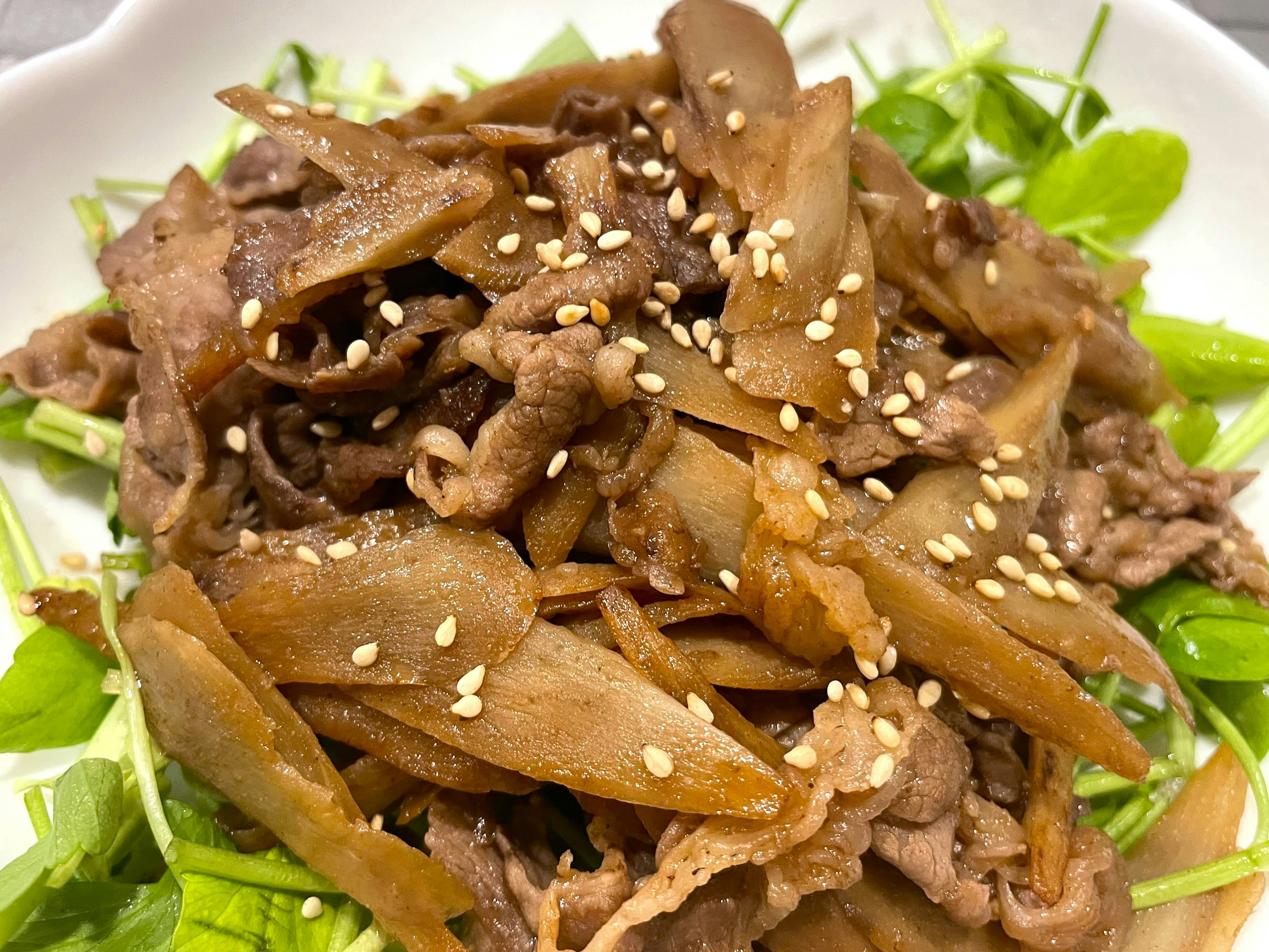 白い皿に盛られた肉と野菜の料理　上に白いごまが振りかけられた