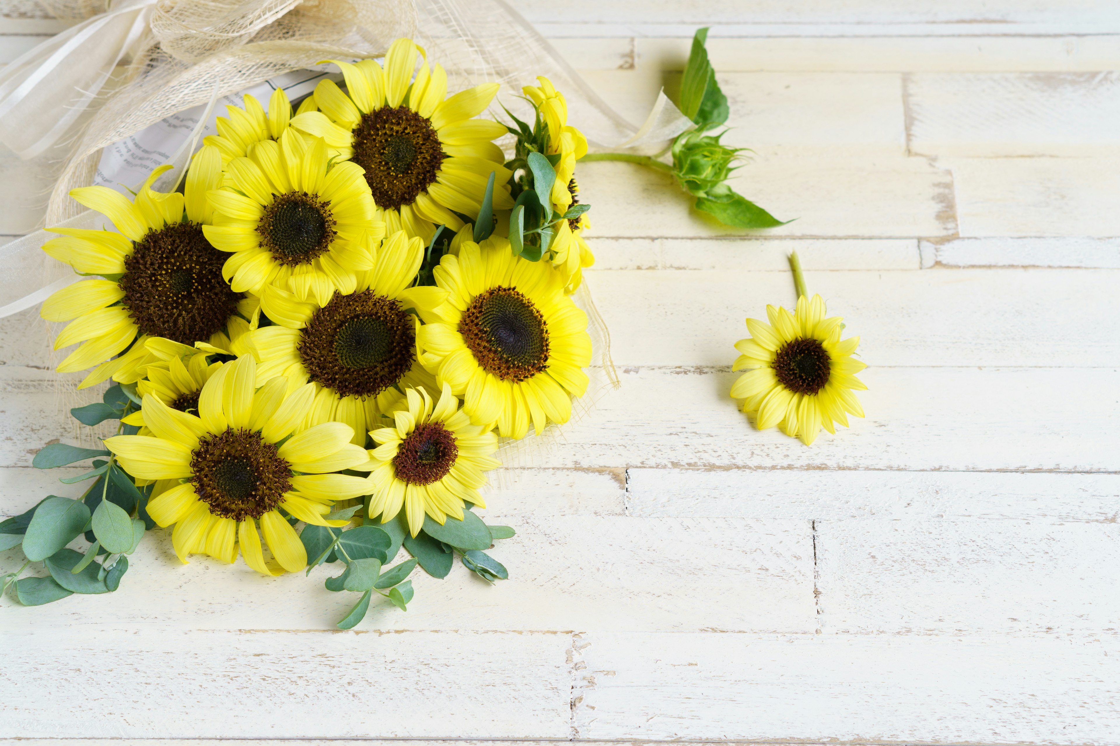 A vibrant bouquet of sunflowers and a small sunflower on a white wooden table