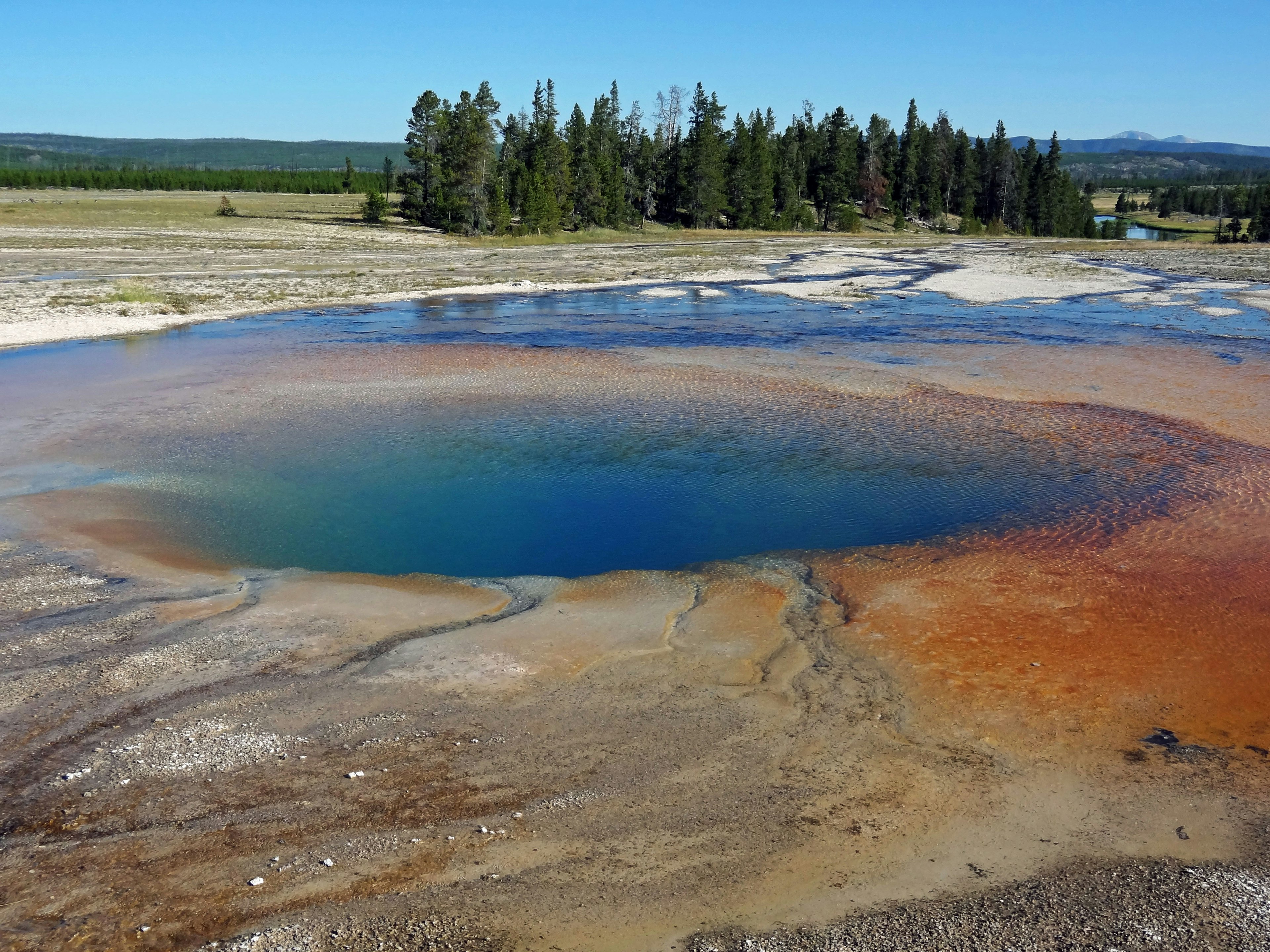 Suối nước nóng sống động tại Vườn quốc gia Yellowstone với nước xanh và địa hình xung quanh đầy màu sắc