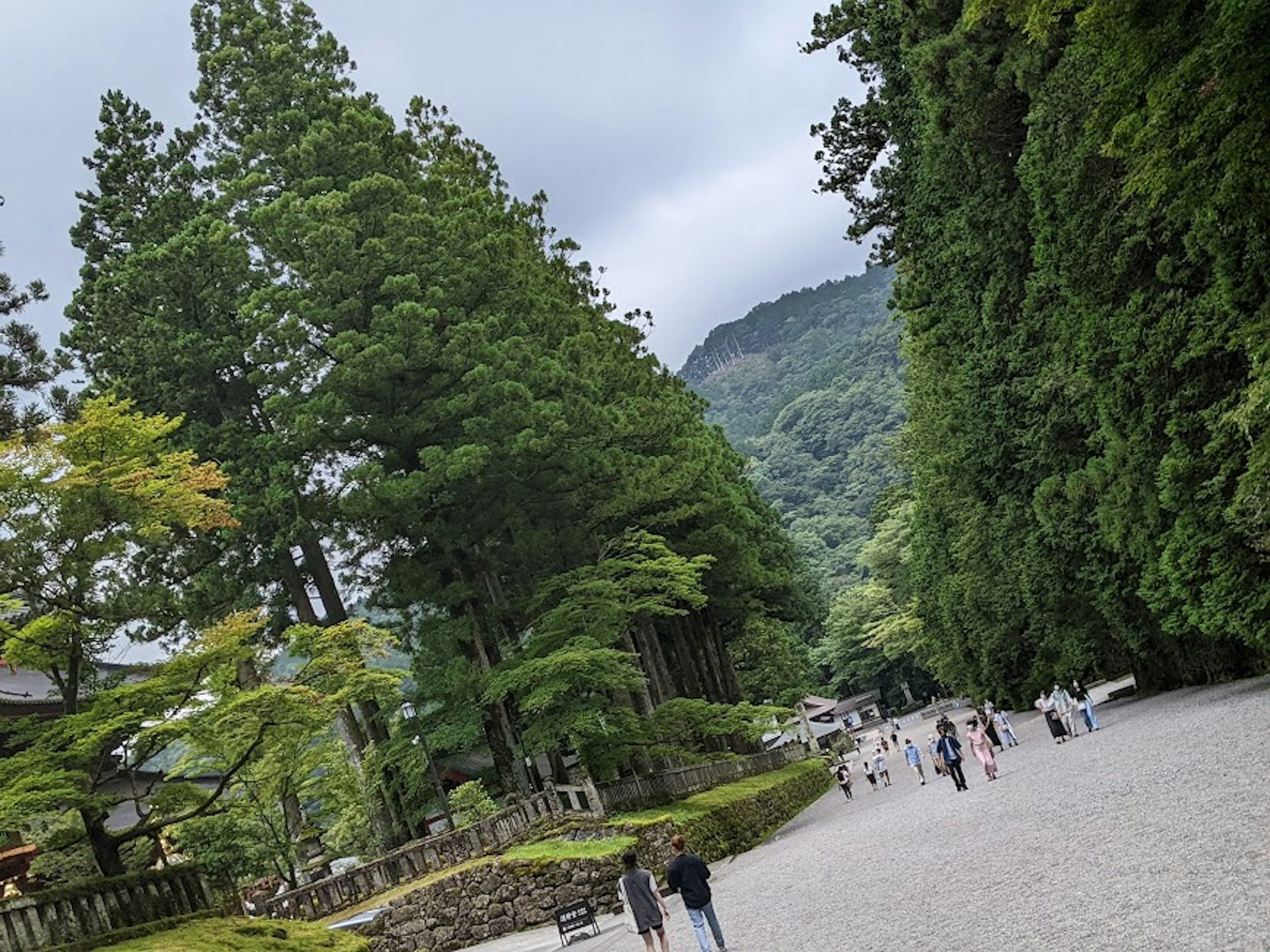 緑豊かな山々と人々が歩く砂利道の景色