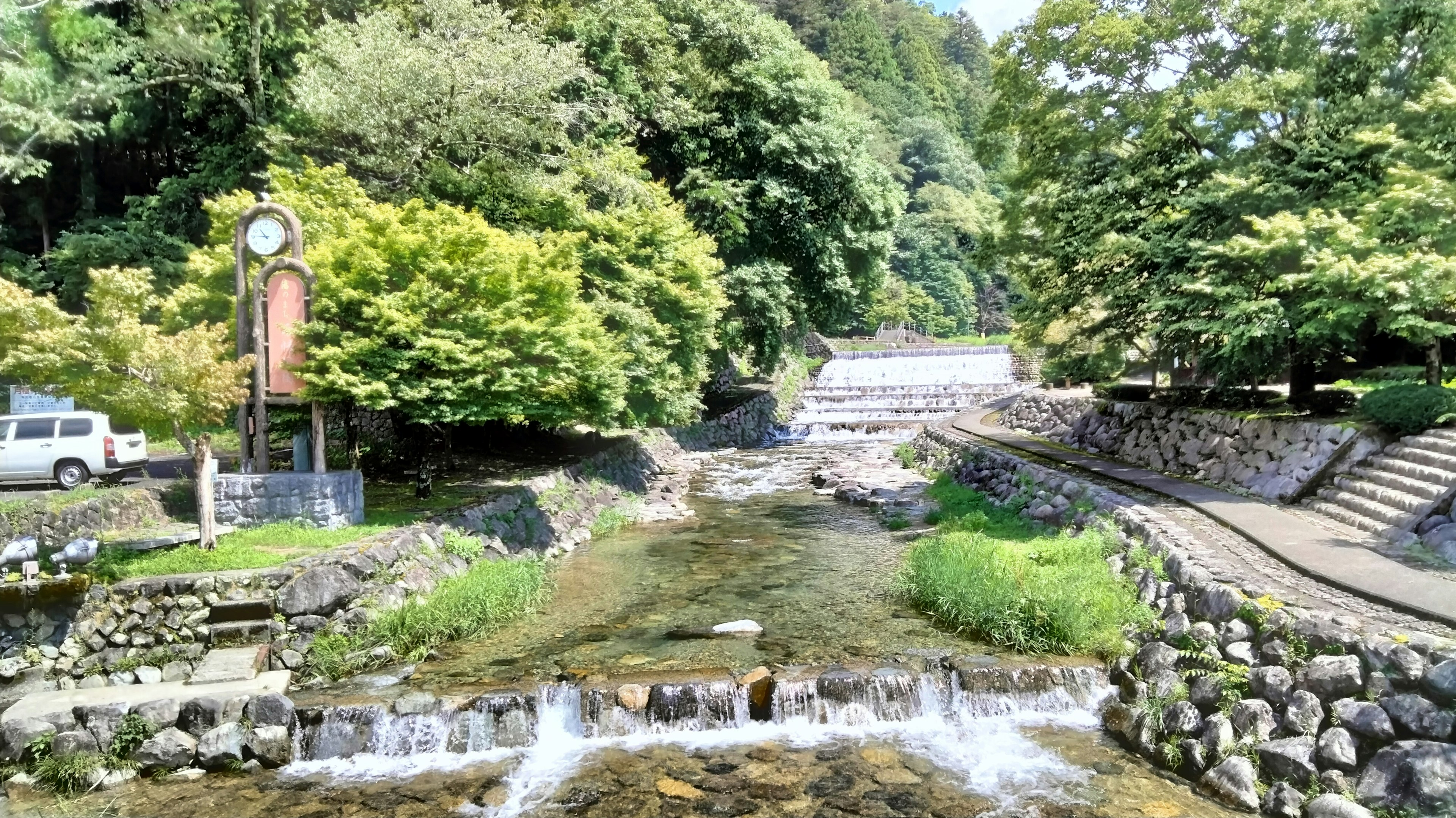 Un ruisseau paisible coulant à travers une verdure luxuriante avec des berges en pierre