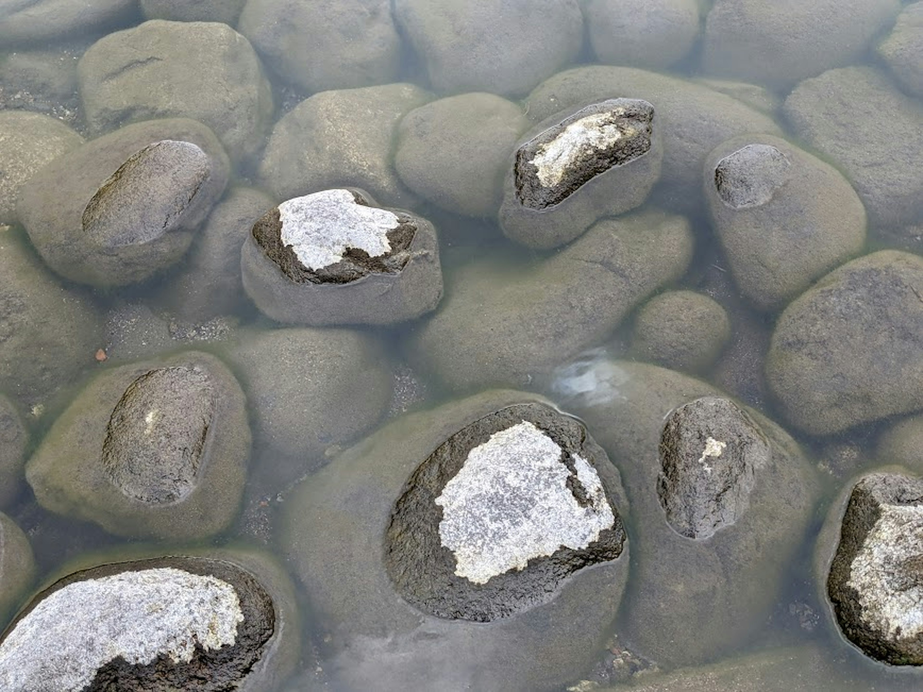 Smooth stones partially submerged in clear water with white patches