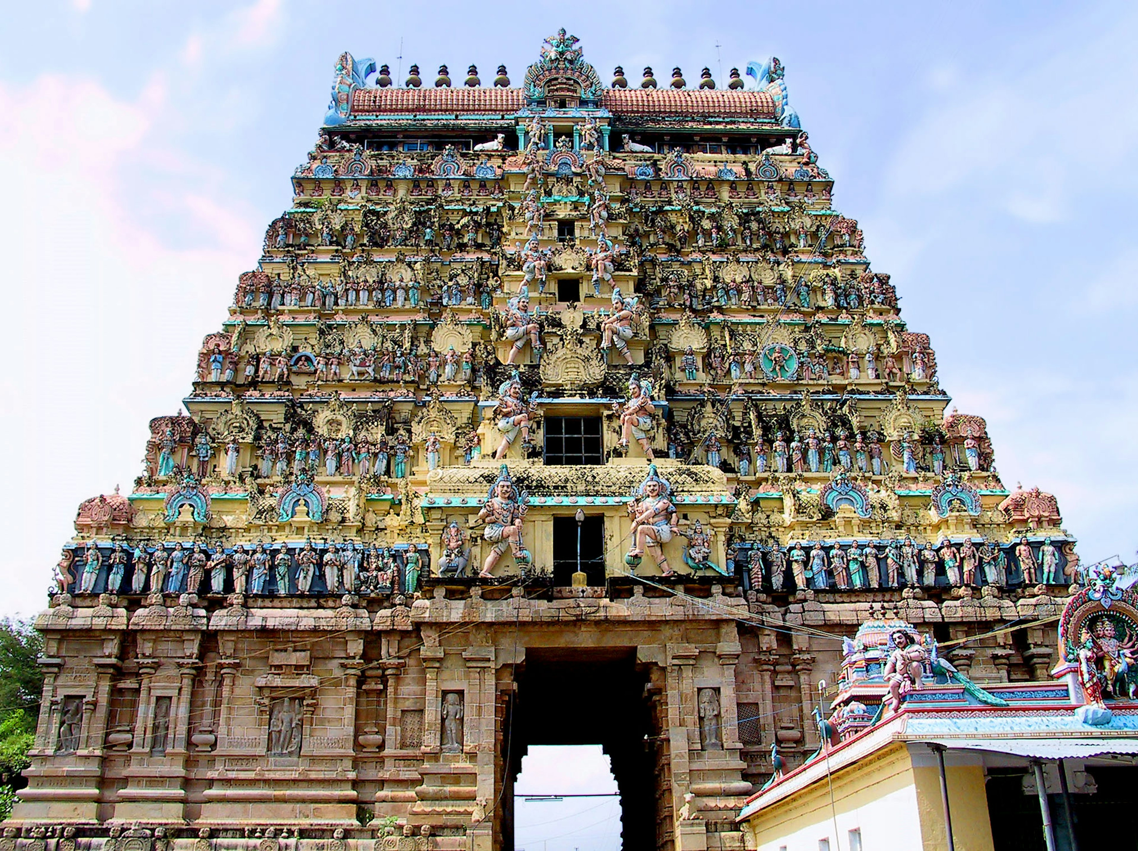 Colorful temple facade adorned with intricate sculptures