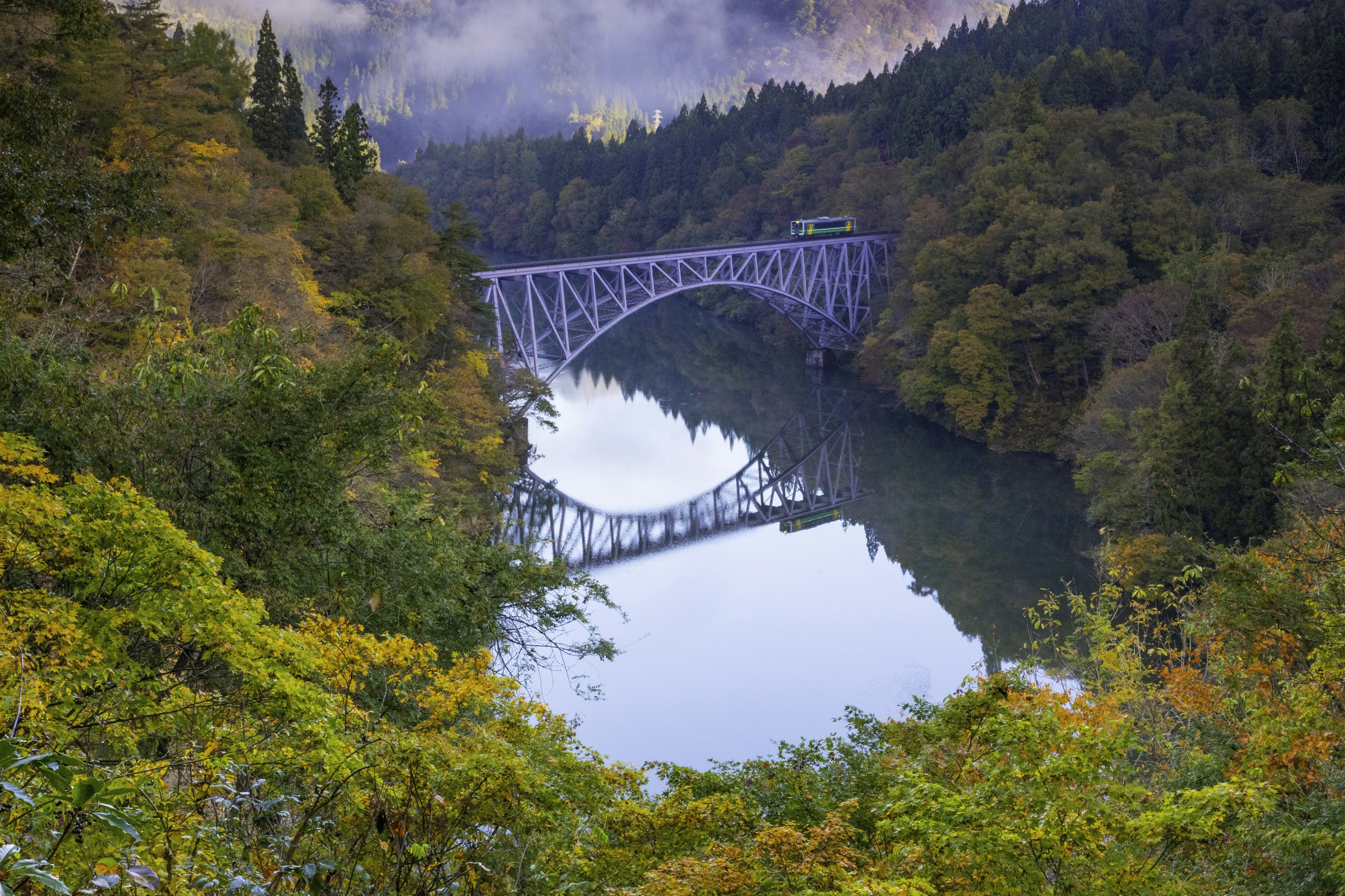 美しい川と橋の風景 緑の木々に囲まれた紫色の鉄道橋