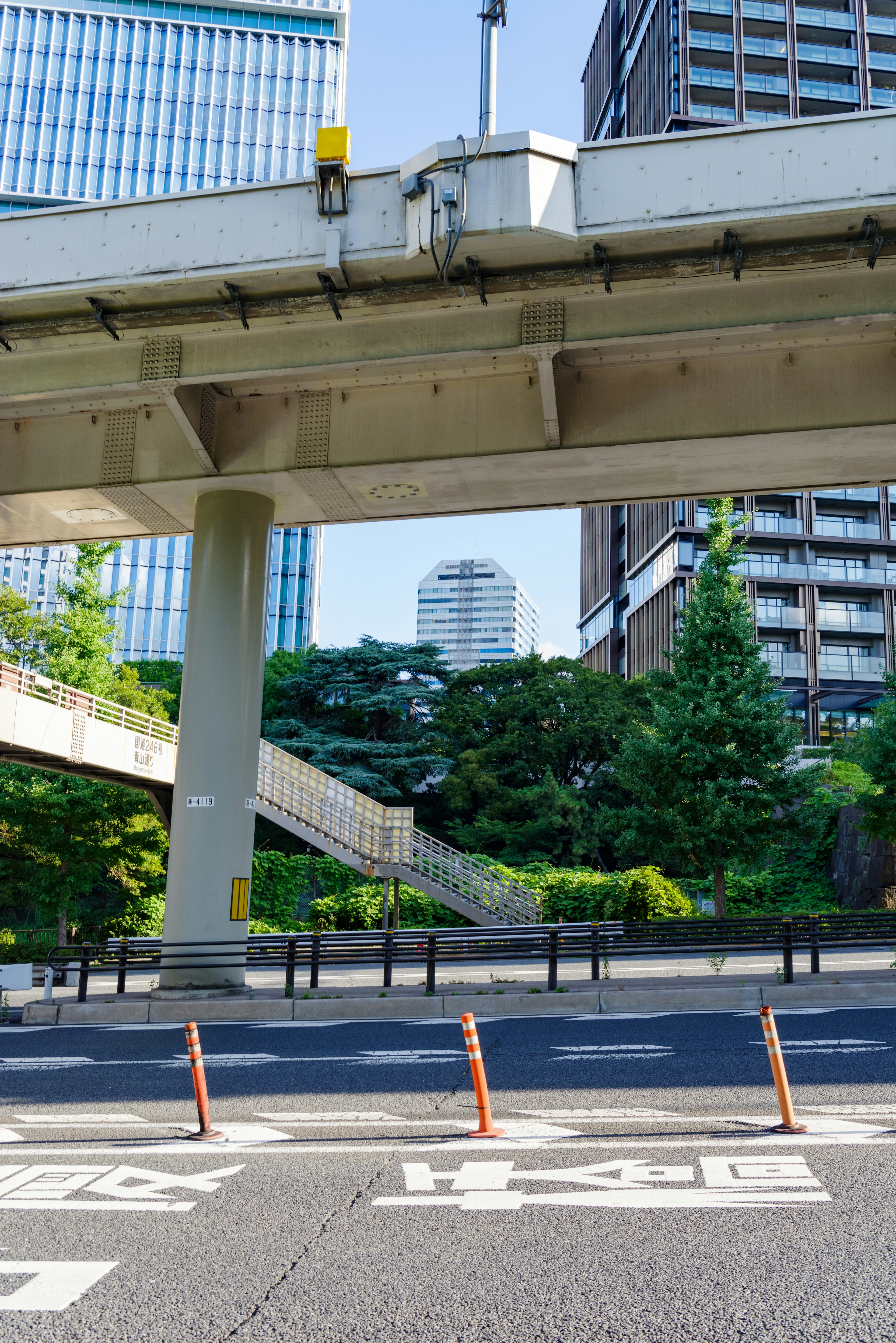 Pemandangan kota dengan gedung pencakar langit dan vegetasi subur Jalan berpotongan dengan jembatan tinggi