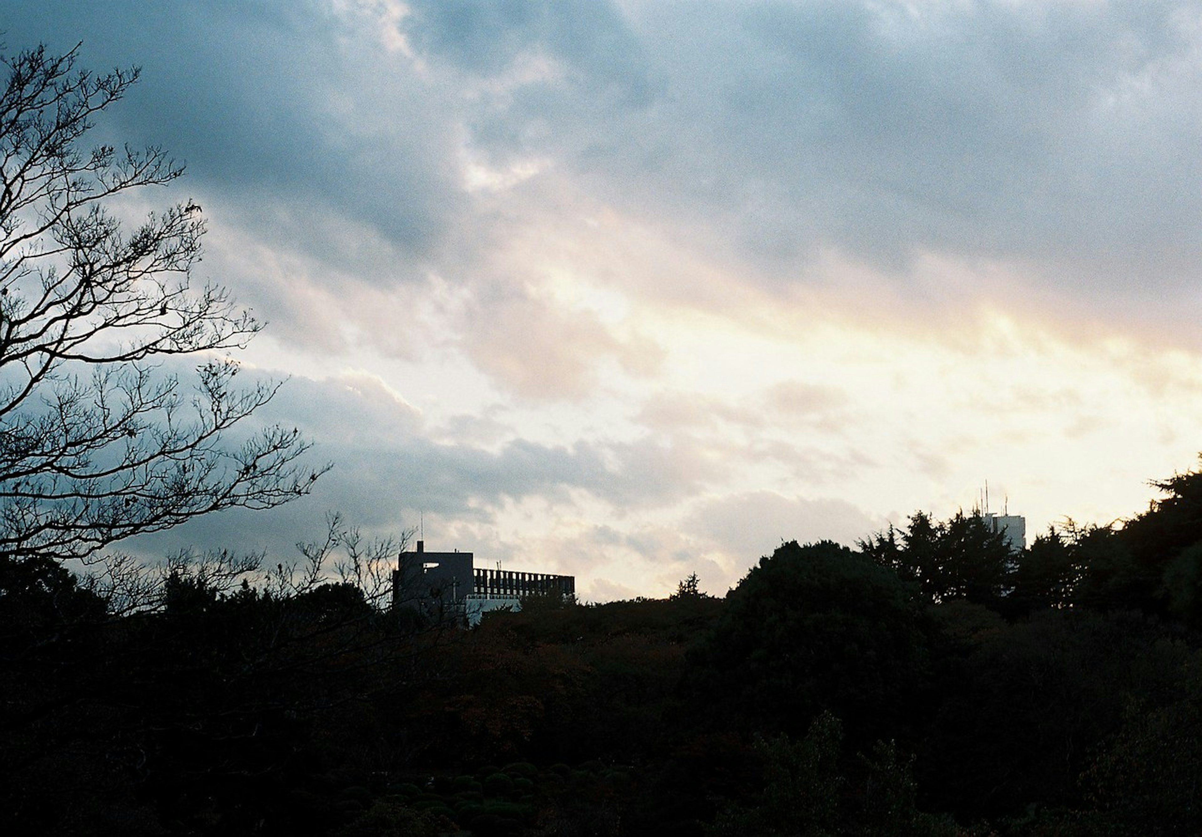 曇り空と淡い夕焼けを背景にした都市の風景