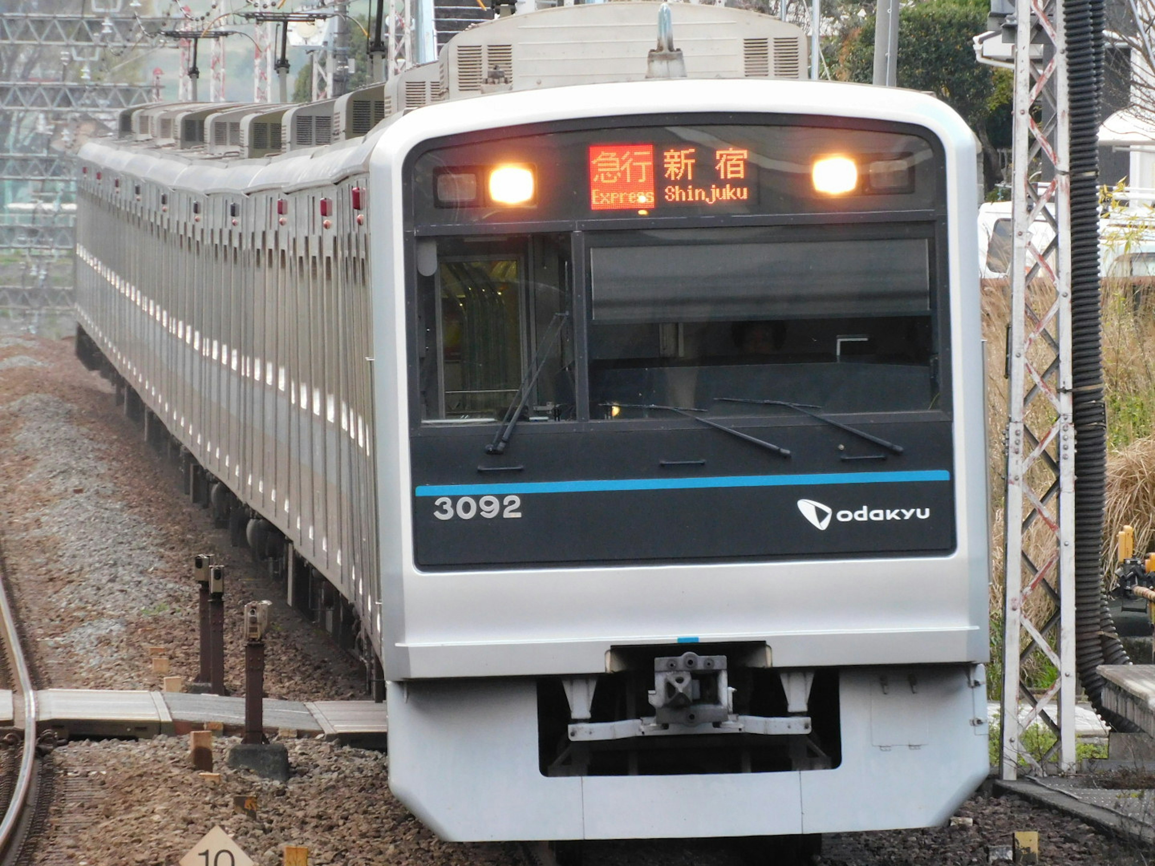 青いストライプのある白い電車が線路に停車中