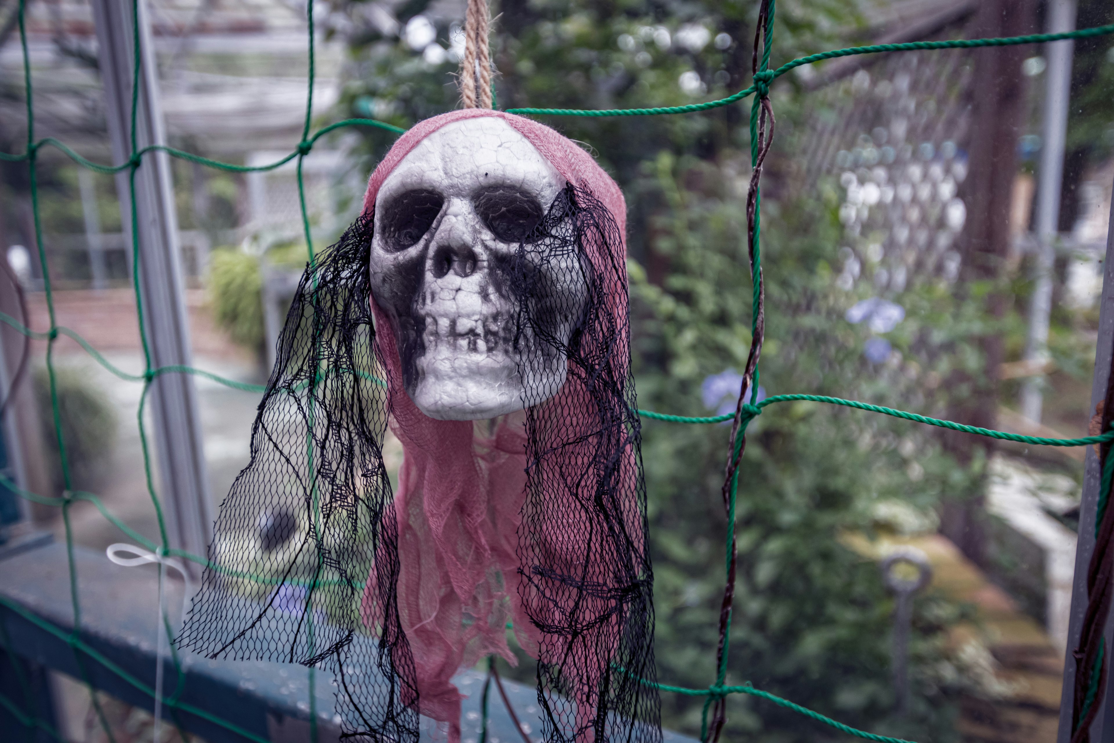 Una decoración de calavera con un paño rosa colgado en una red