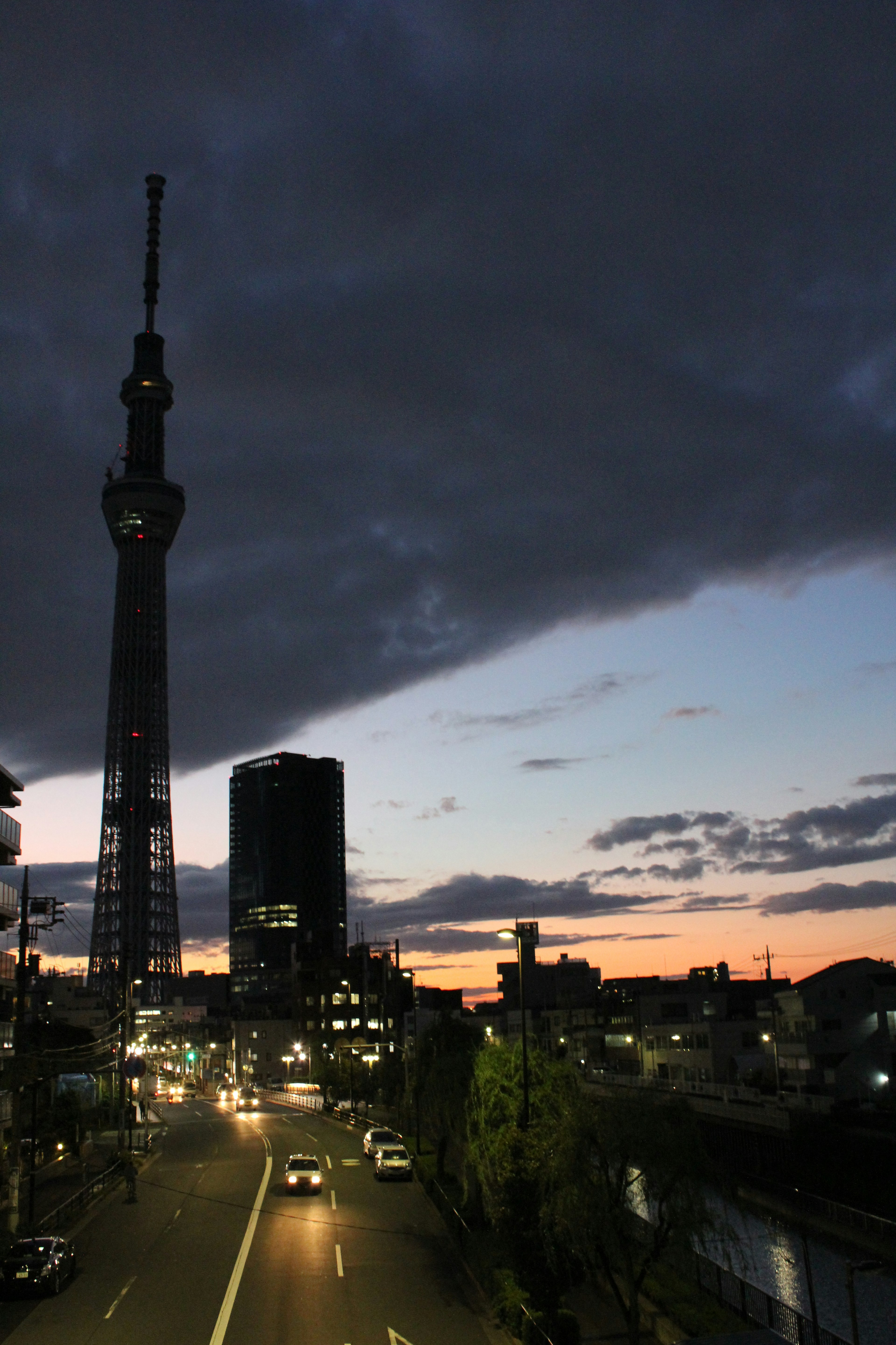 东京晴空塔在黄昏的城市景观上耸立