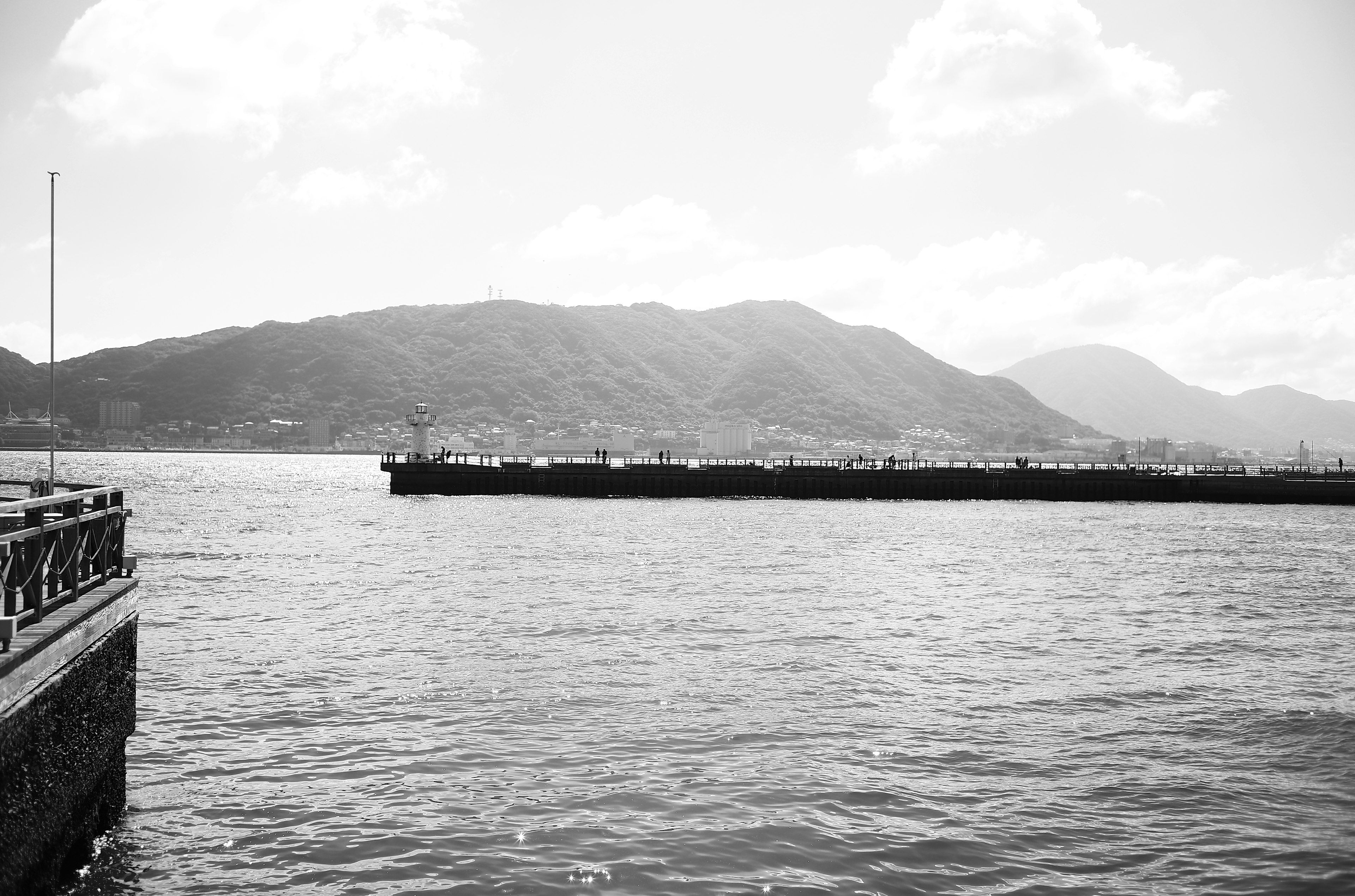 白黒の海と山の風景 護岸と船舶が見える