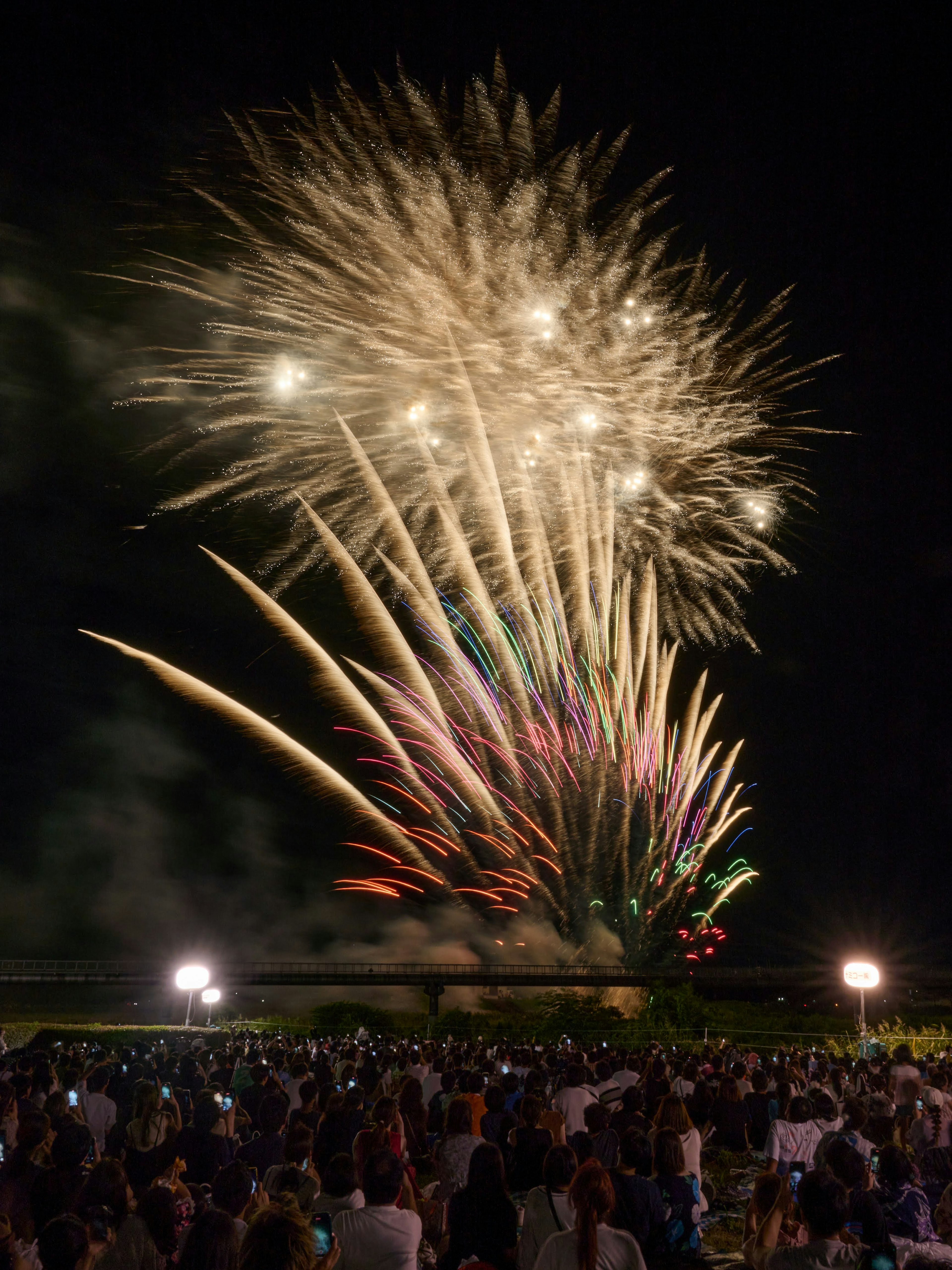 Espectáculo de fuegos artificiales coloridos iluminando el cielo nocturno con siluetas de una gran multitud