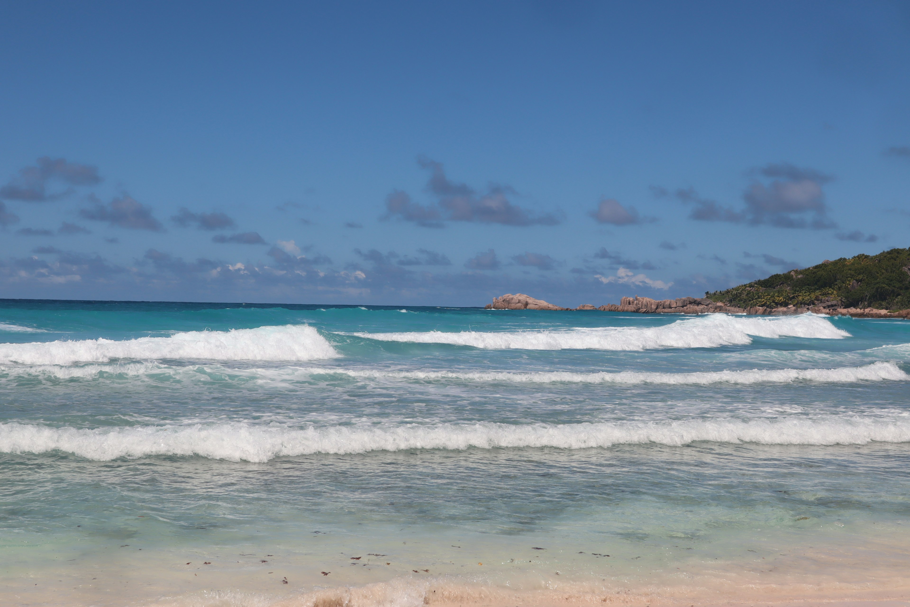 Vista panoramica della spiaggia con oceano blu e onde bianche