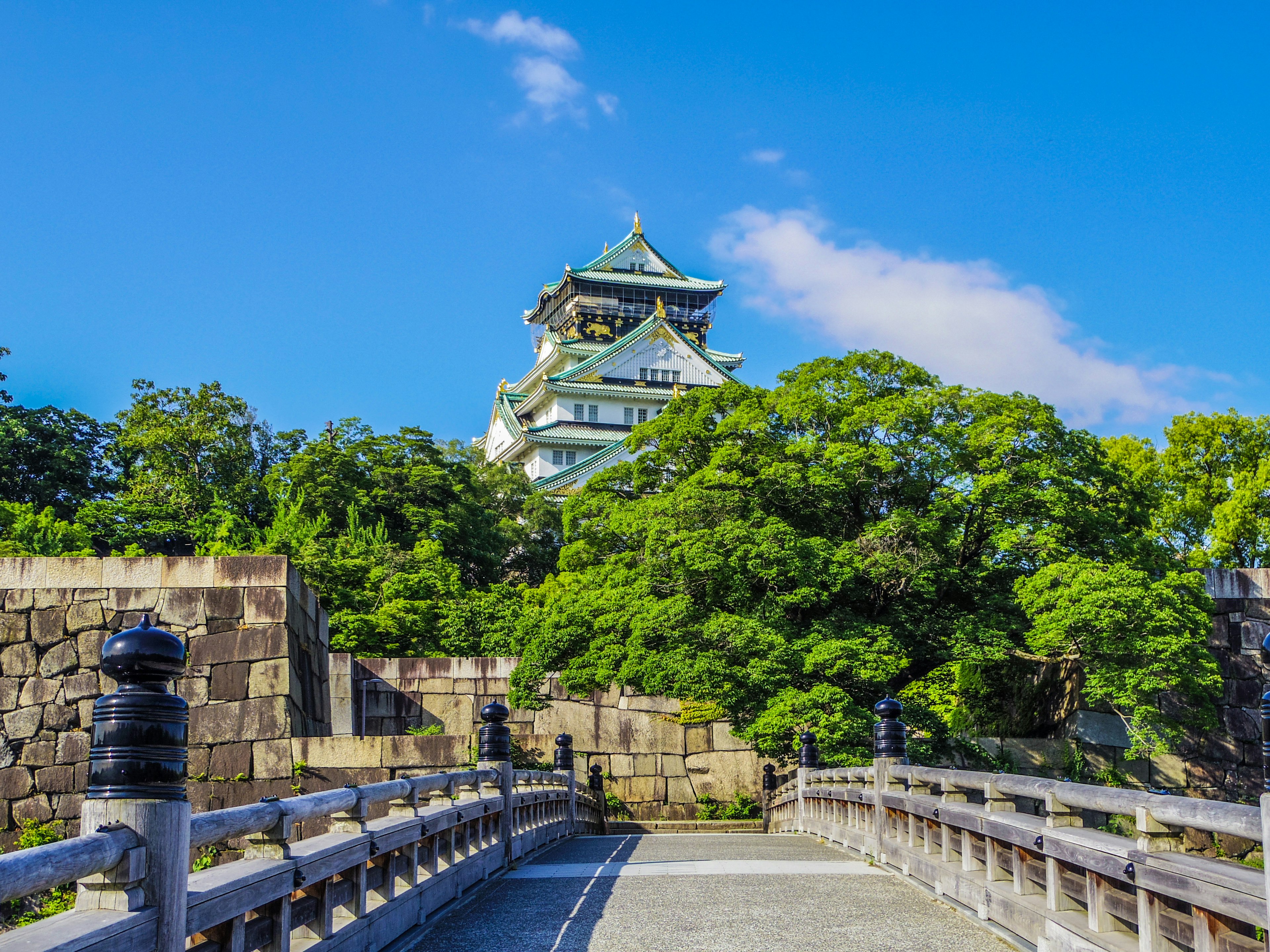 Schöne Aussicht auf das Nagoya-Schloss unter einem blauen Himmel umgeben von Grün und einer Brücke