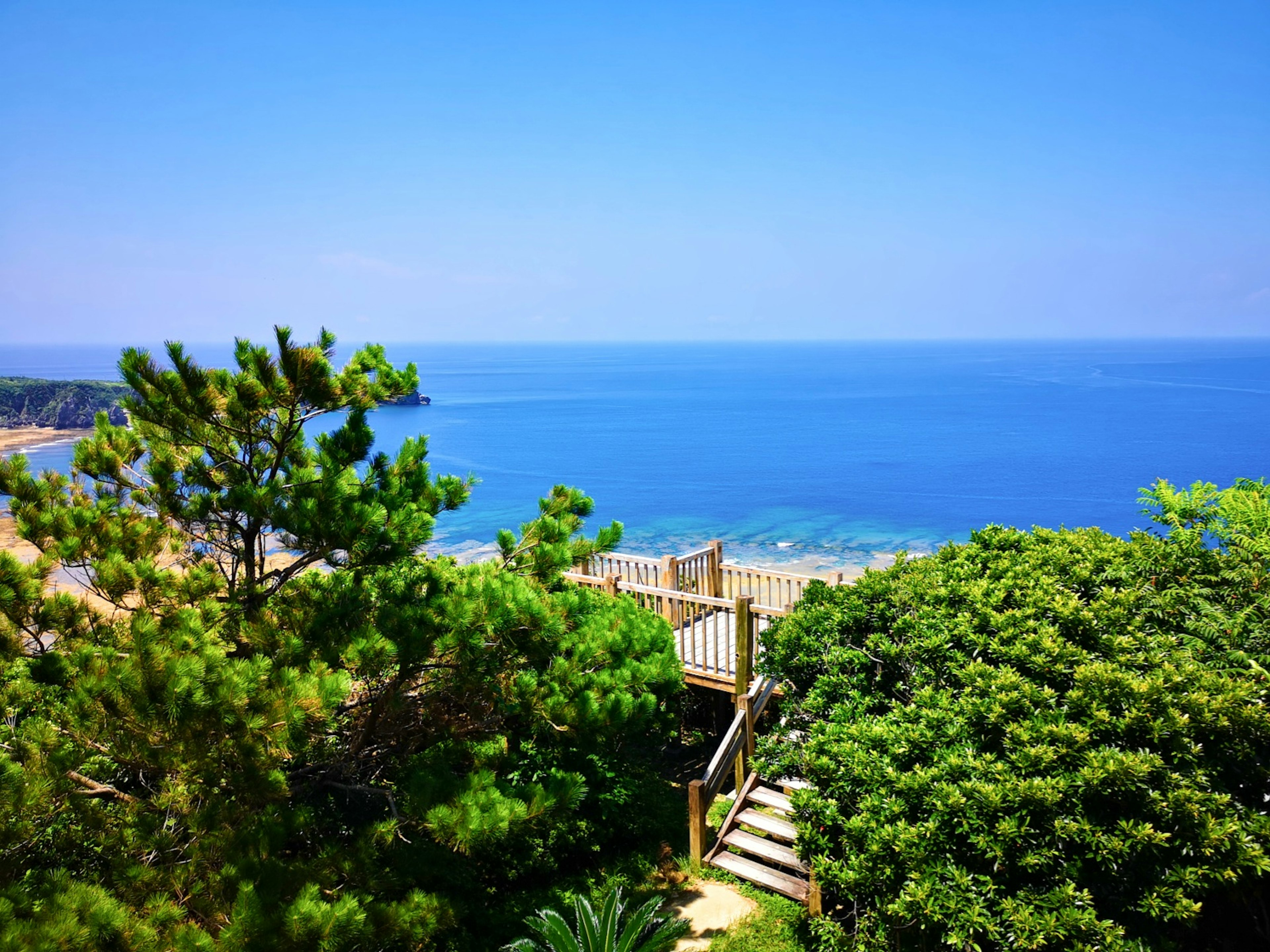 Scenic view of blue ocean and clear sky with lush green trees and wooden stairs