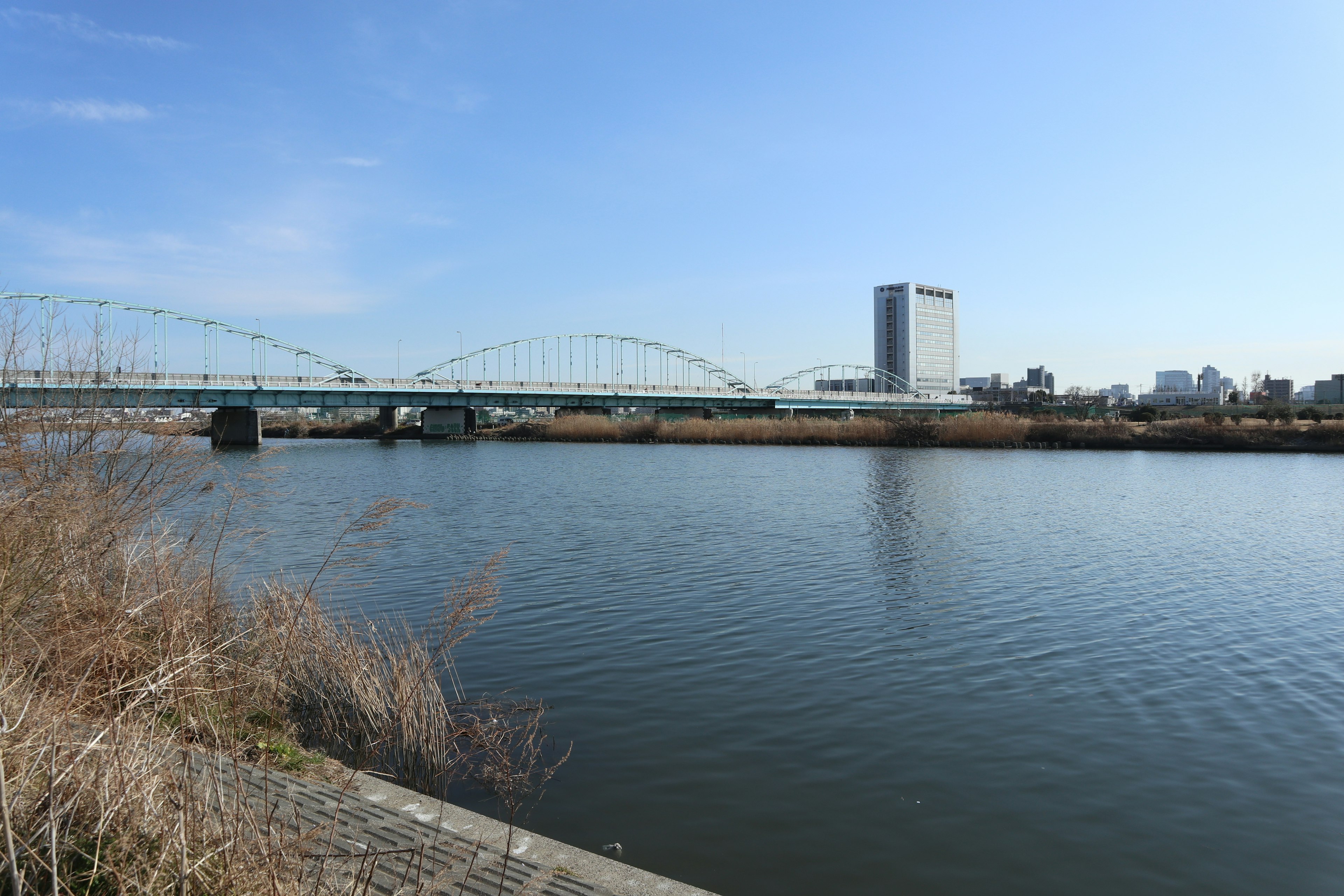 川と橋の風景ビルが背景にある静かな水面